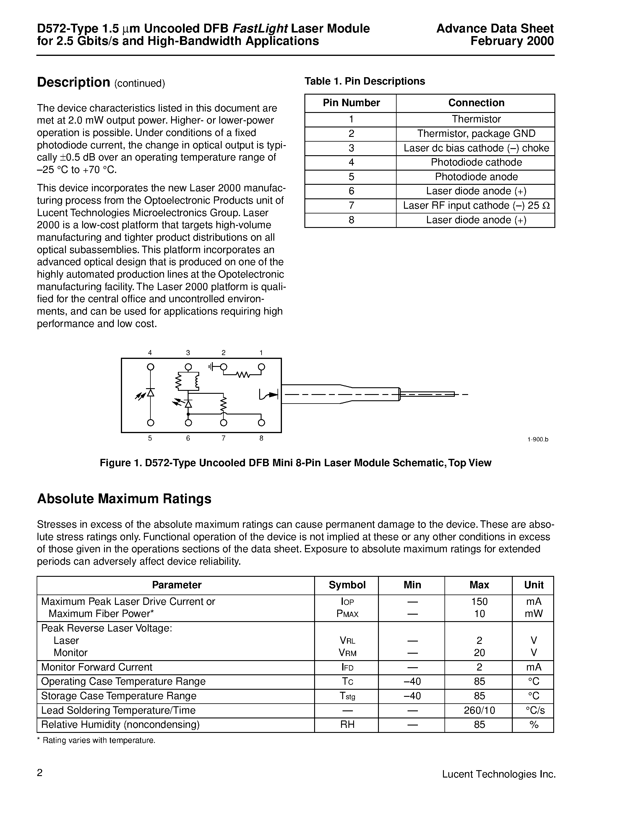 Datasheet D572-22GS - D572-Type 1.5 m m Uncooled DFB FastLight Laser Module for 2.5 Gbits/s and High Bandwidth Applications page 2