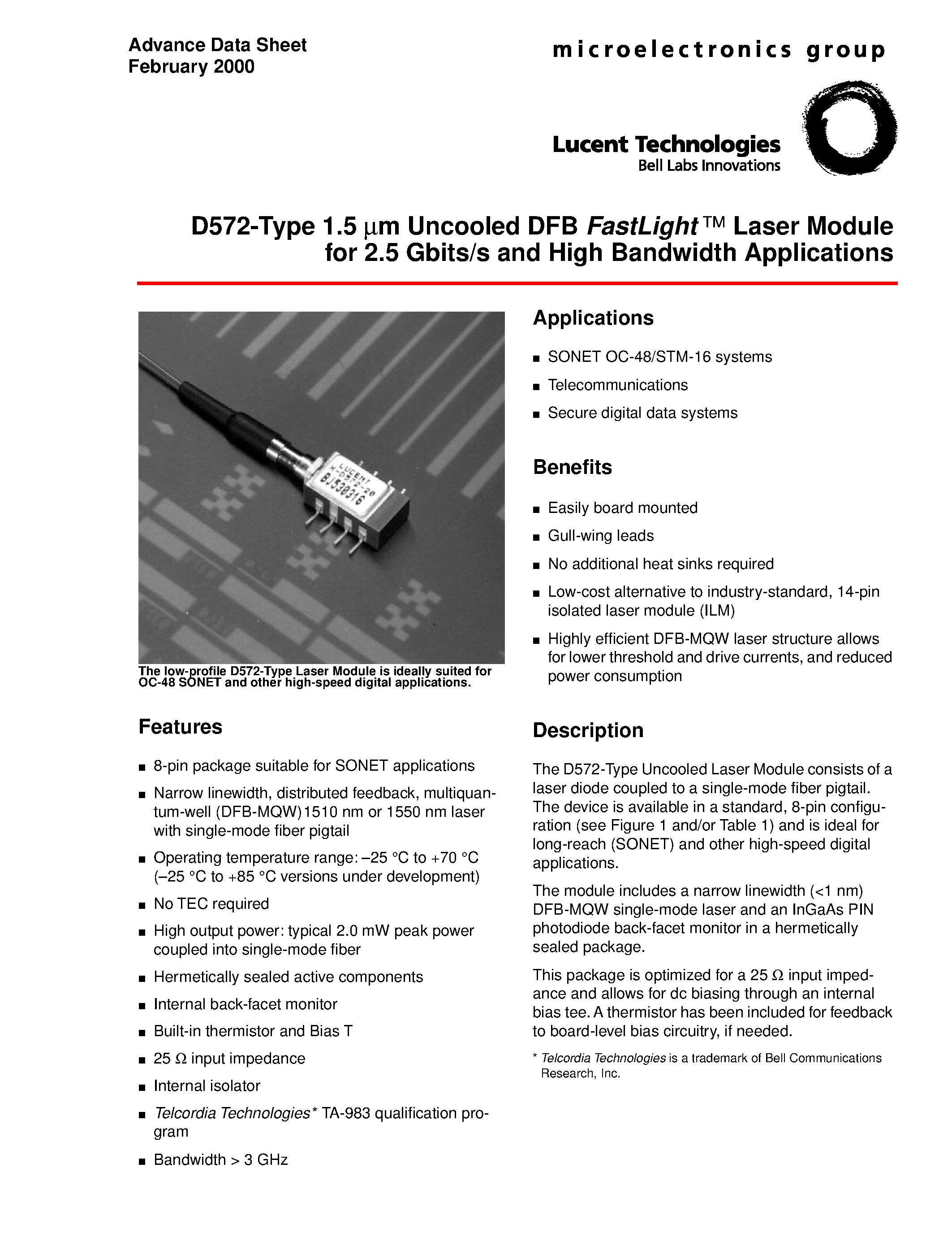 Datasheet D572C20AS - D572-Type 1.5 m m Uncooled DFB FastLight Laser Module for 2.5 Gbits/s and High Bandwidth Applications page 1