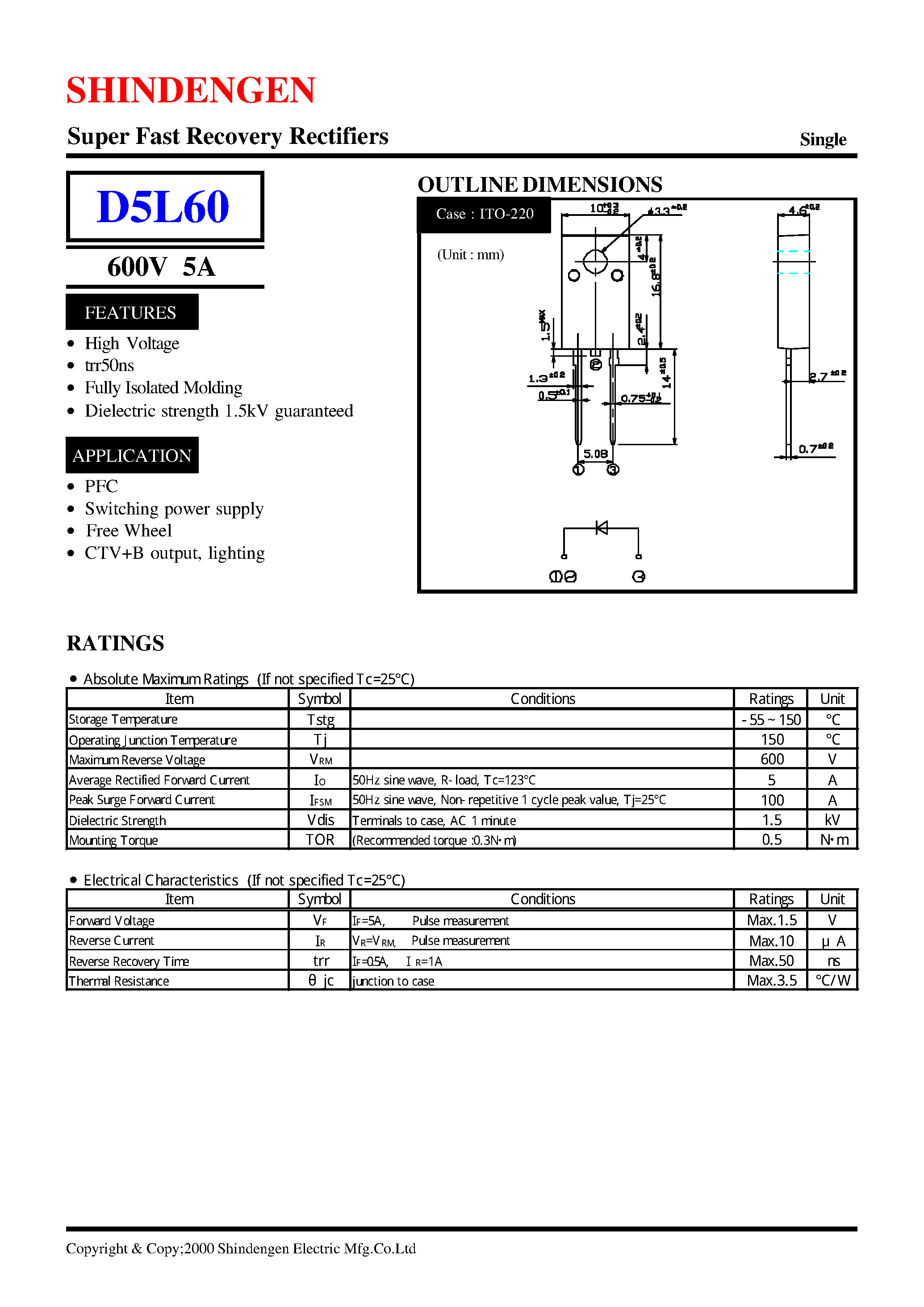 Datasheet D5L60 page 1 Datasheet D5L60 - Super Fast Recovery Rectifiers(600V 5A) page 1