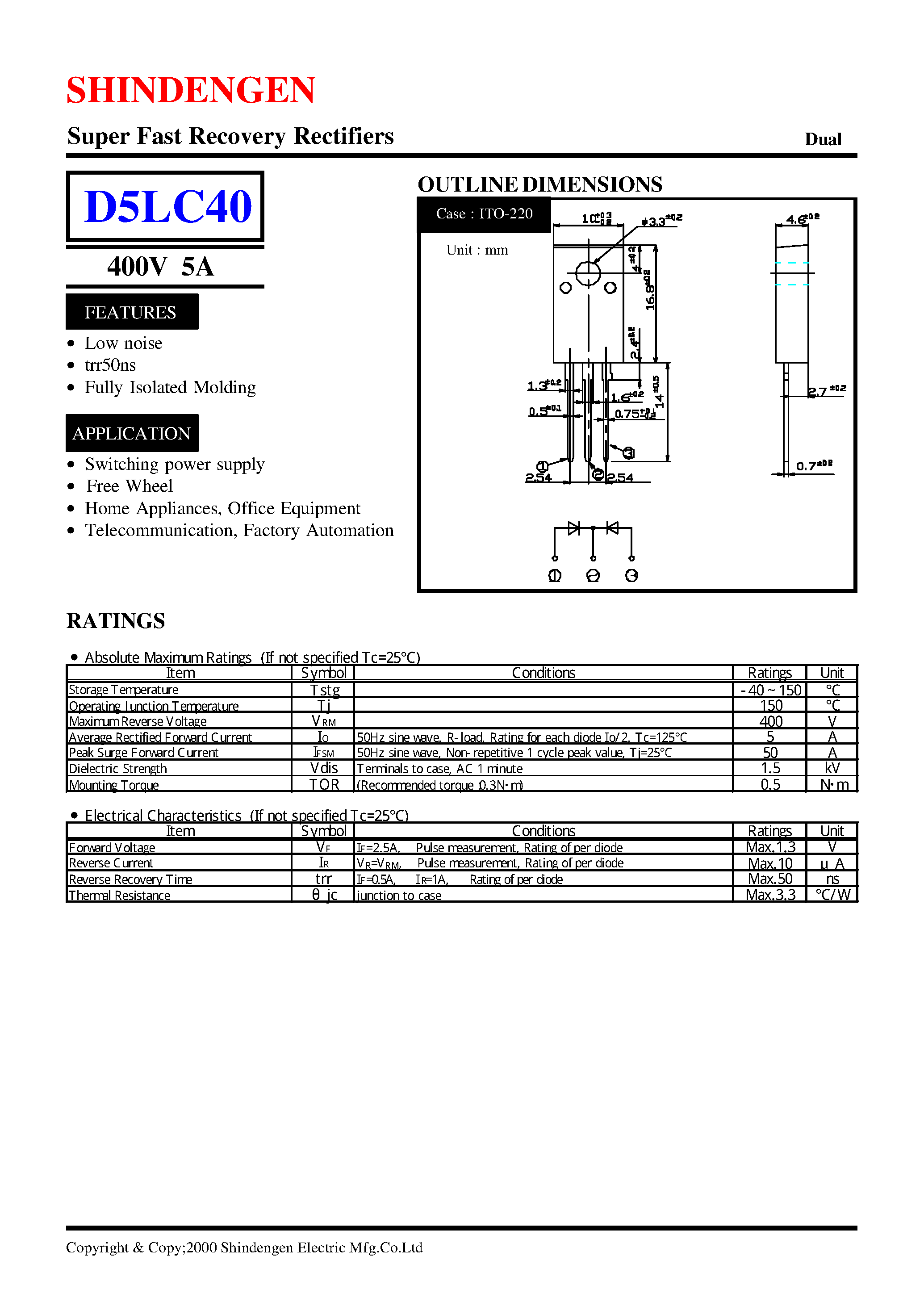 Datasheet D5LC40 page 1 Datasheet D5LC40 - Super Fast Recovery Rectifiers(400V 5A) page 1