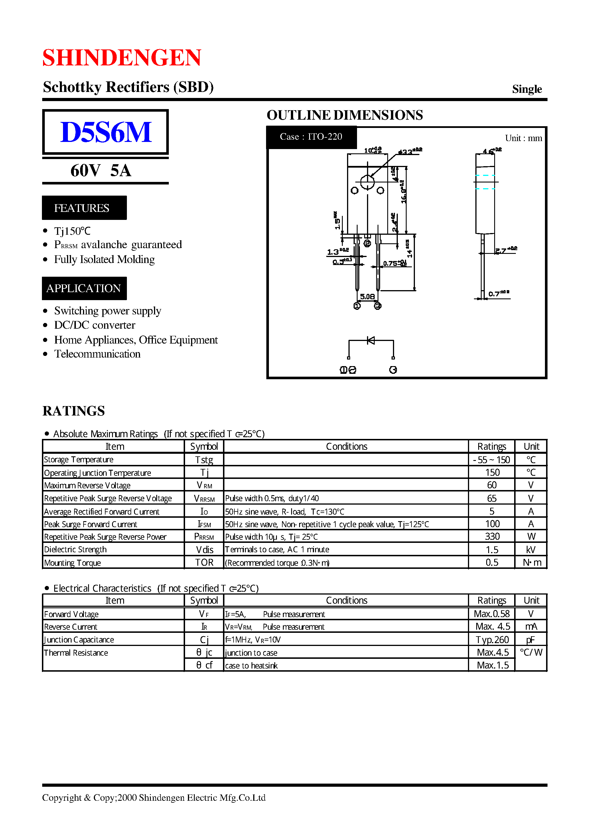 Datasheet D5S6M page 1 Datasheet D5S6M - Schottky Rectifiers (SBD) (60V 5A) page 1