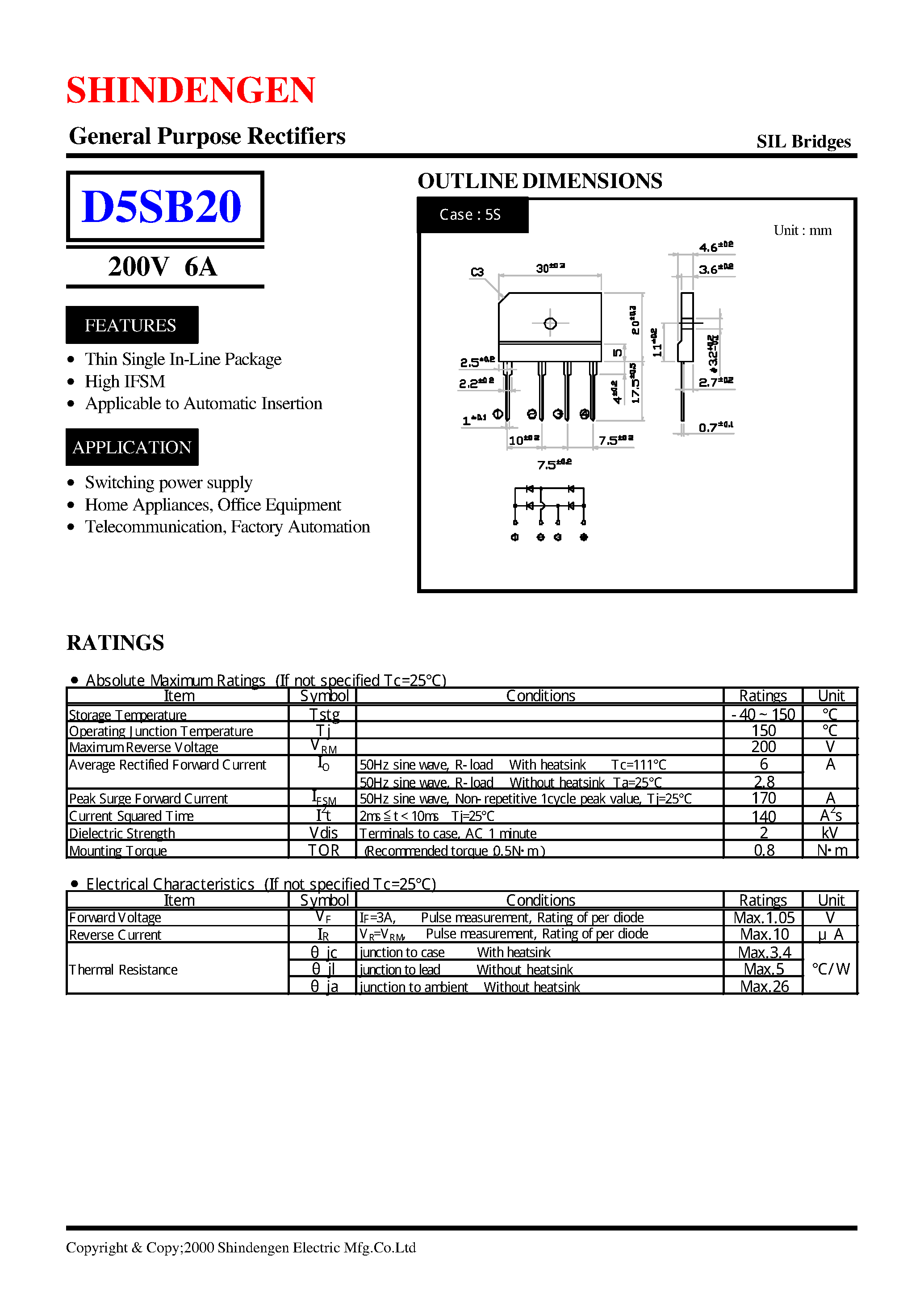Datasheet D5SB20 page 1 Datasheet D5SB20 - General Purpose Rectifiers(200V 6A) page 1