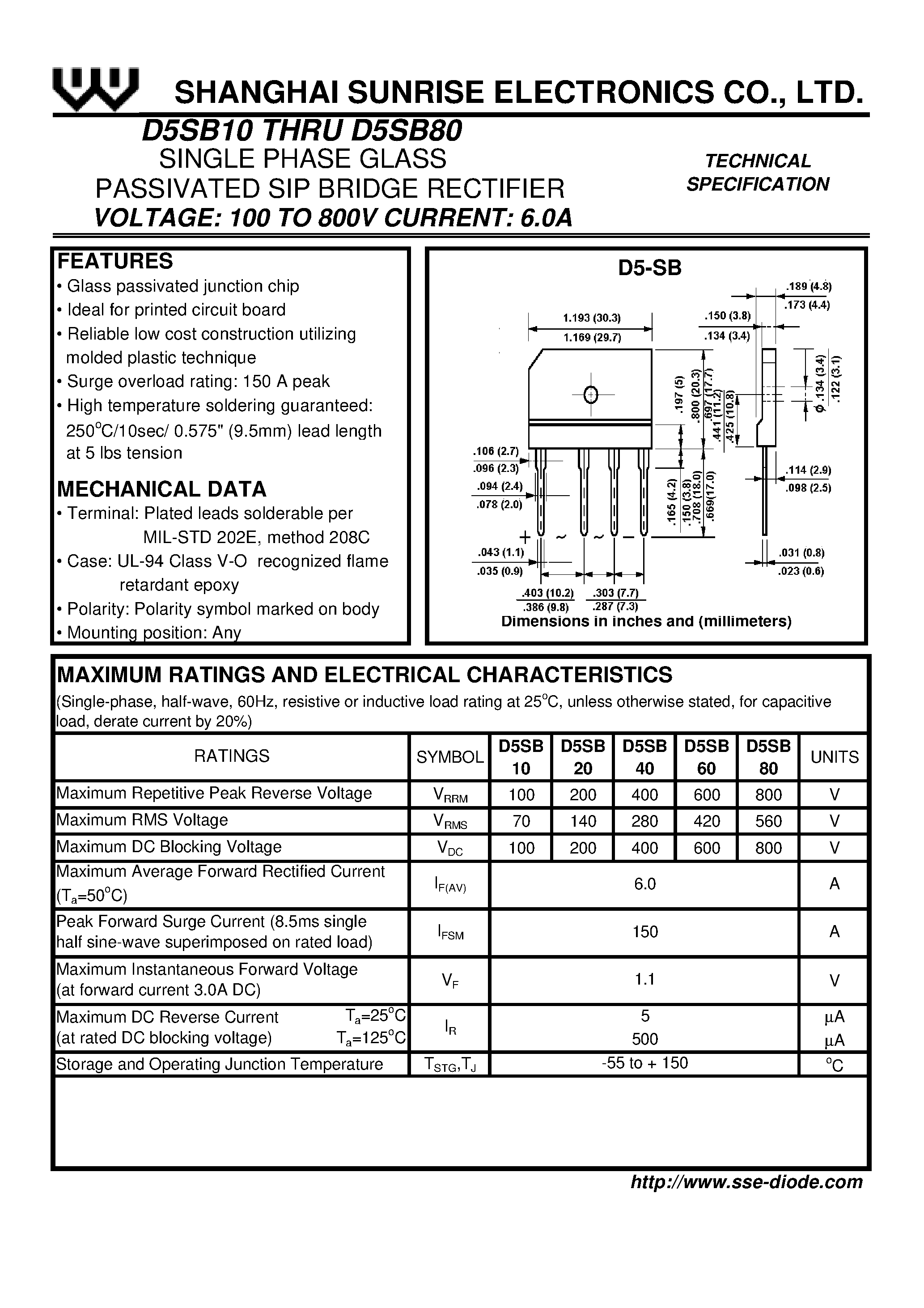 Даташит на микросхему D5SB60 страница 1 Даташит D5SB60 - SINGLE PHASE GLASS PASSIVATED SIP BRIDGE RECTIFIER страница 1