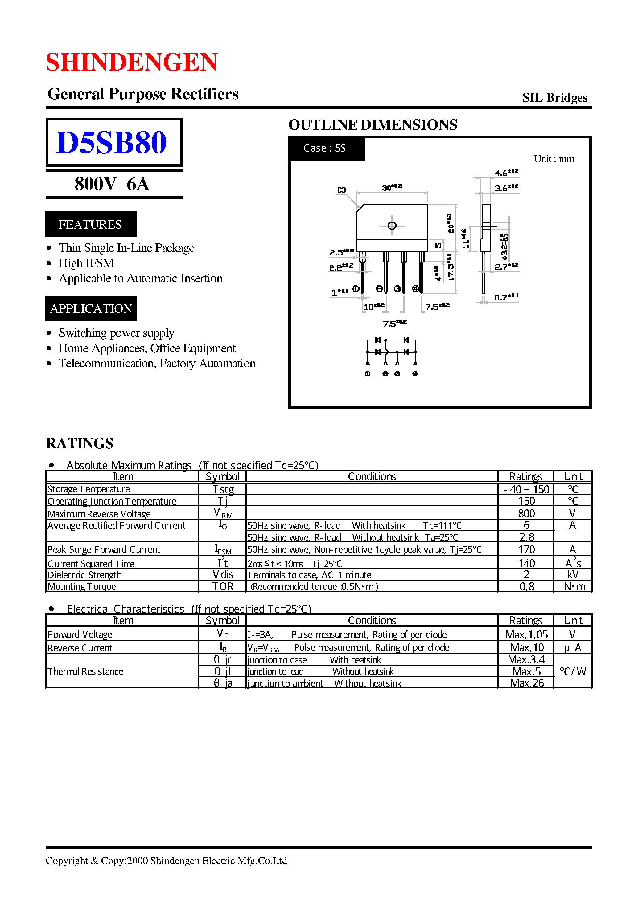 Datasheet D5SB80 page 1 Datasheet D5SB80 - General Purpose Rectifiers(800V 6A) page 1