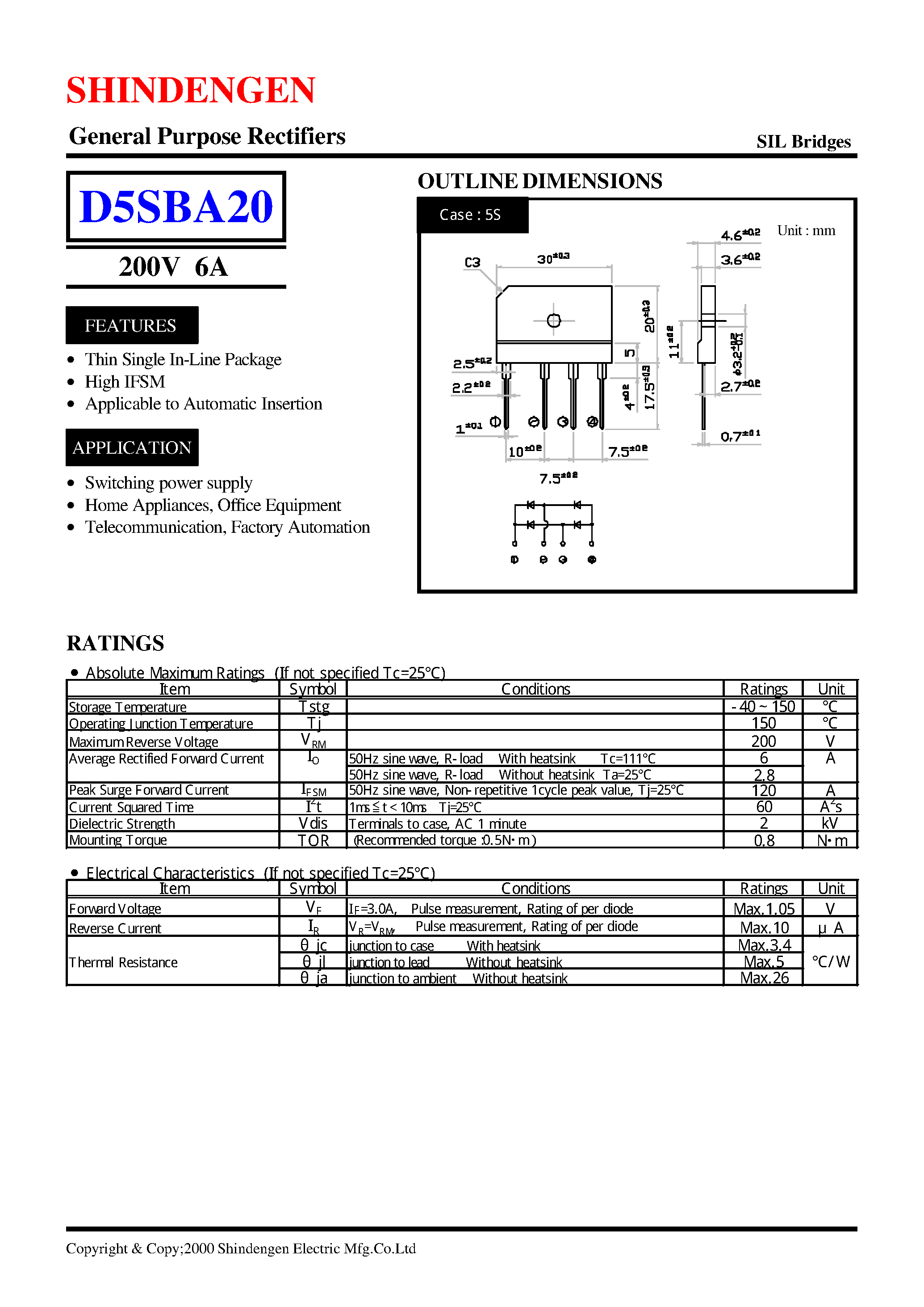 Datasheet D5SBA20 page 1 Datasheet D5SBA20 - General Purpose Rectifiers(200V 6A) page 1