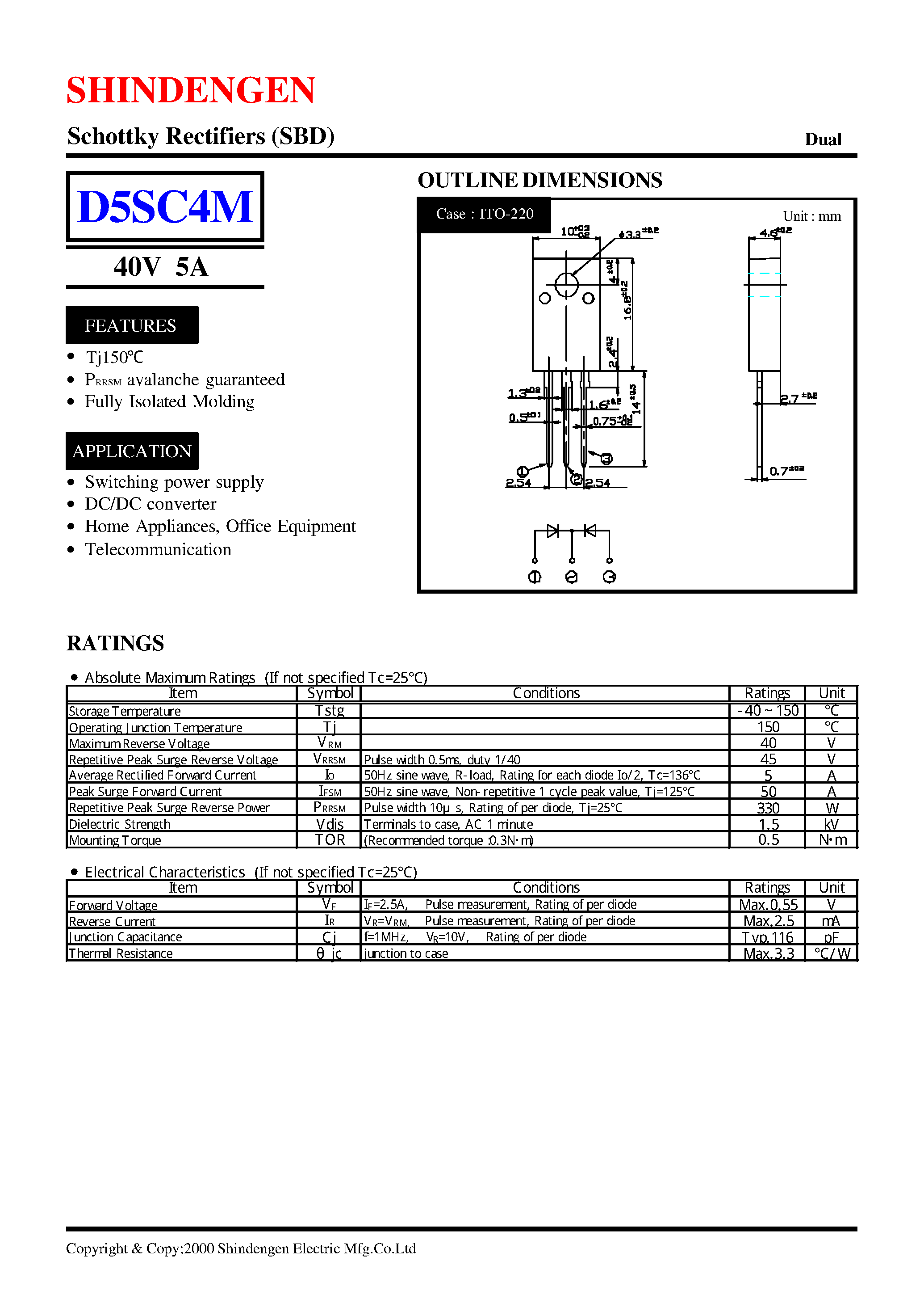 Datasheet D5SC4 page 1 Datasheet D5SC4 - Schottky Rectifiers (SBD) (40V 5A) page 1