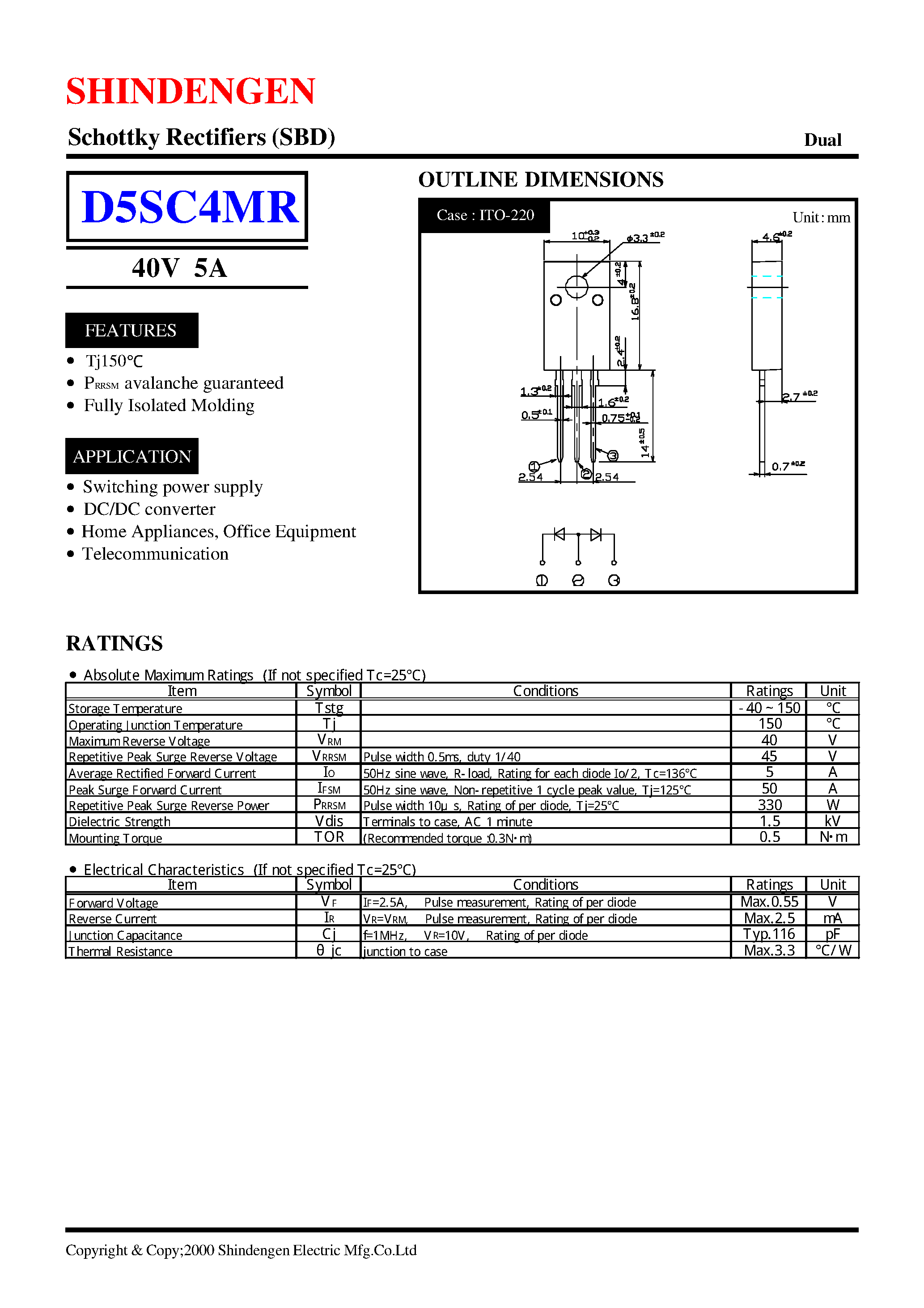 Datasheet D5SC4MR page 1 Datasheet D5SC4MR - Schottky Rectifiers (SBD) (40V 5A) page 1