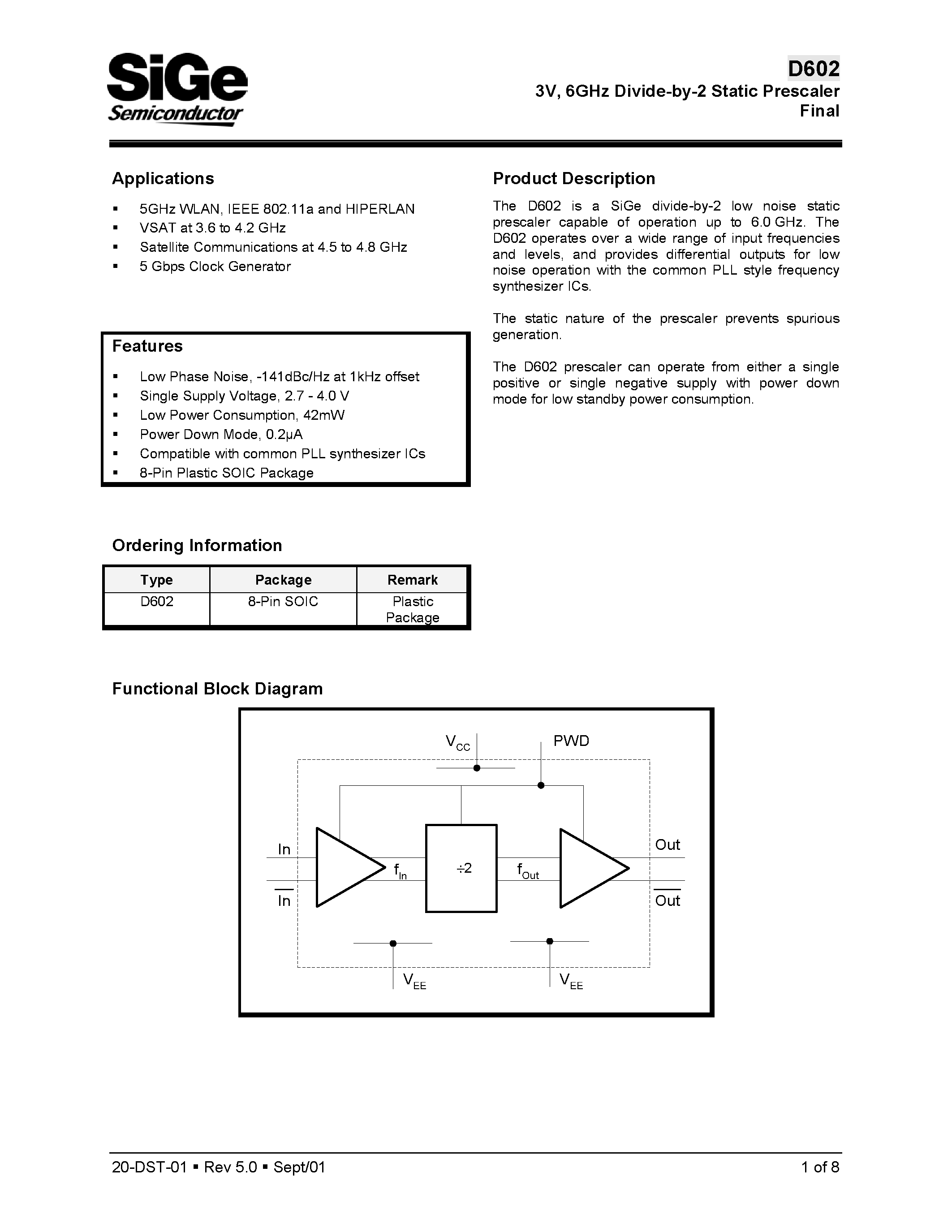 Datasheet D602 - 3V/ 6GHz Divide-by-2 Static Prescaler Final page 1