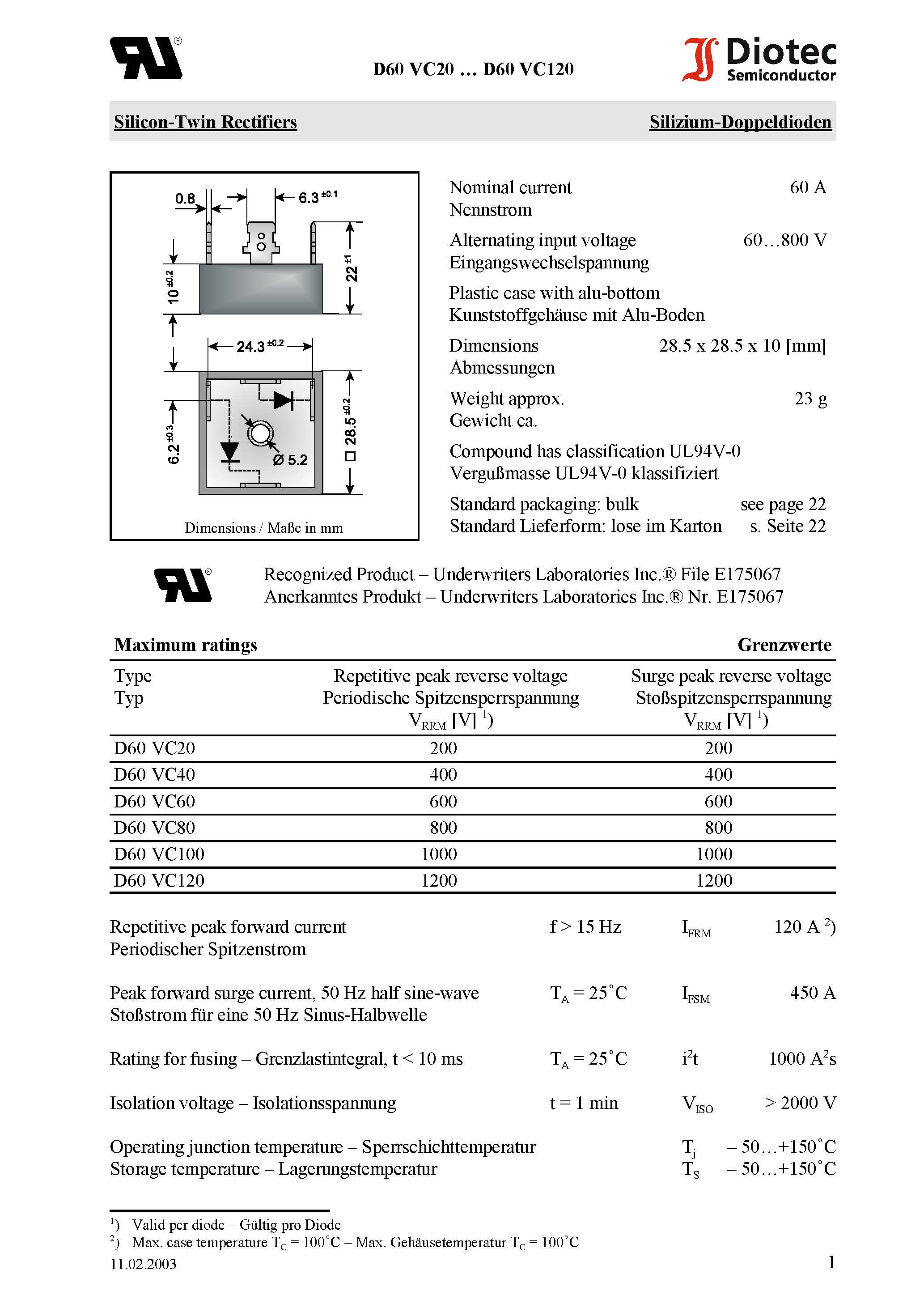 Datasheet D60VC60 page 1 Datasheet D60VC60 - Silicon-Twin Rectifiers page 1