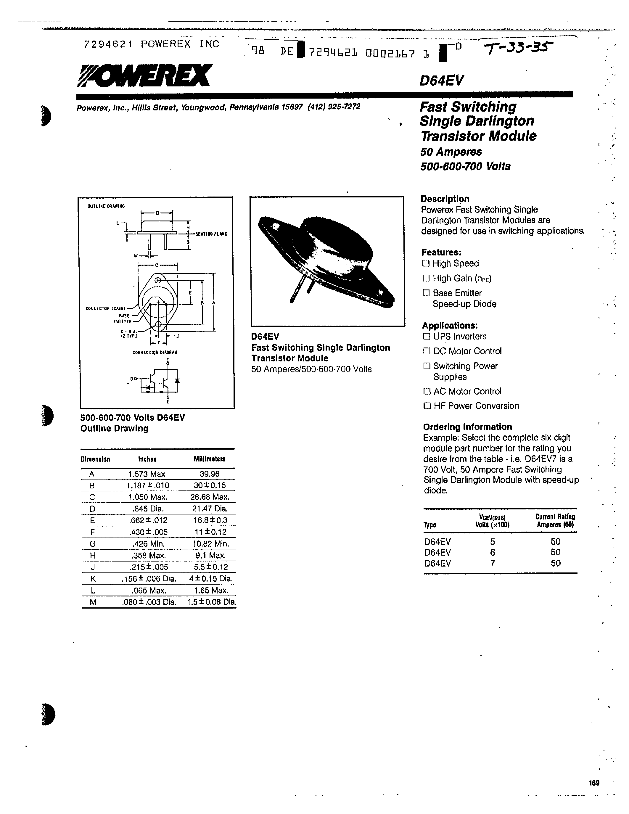Даташит на микросхему D64EV страница 1 Даташит D64EV - Fast Switching Single Darlington Transistor Module страница 1