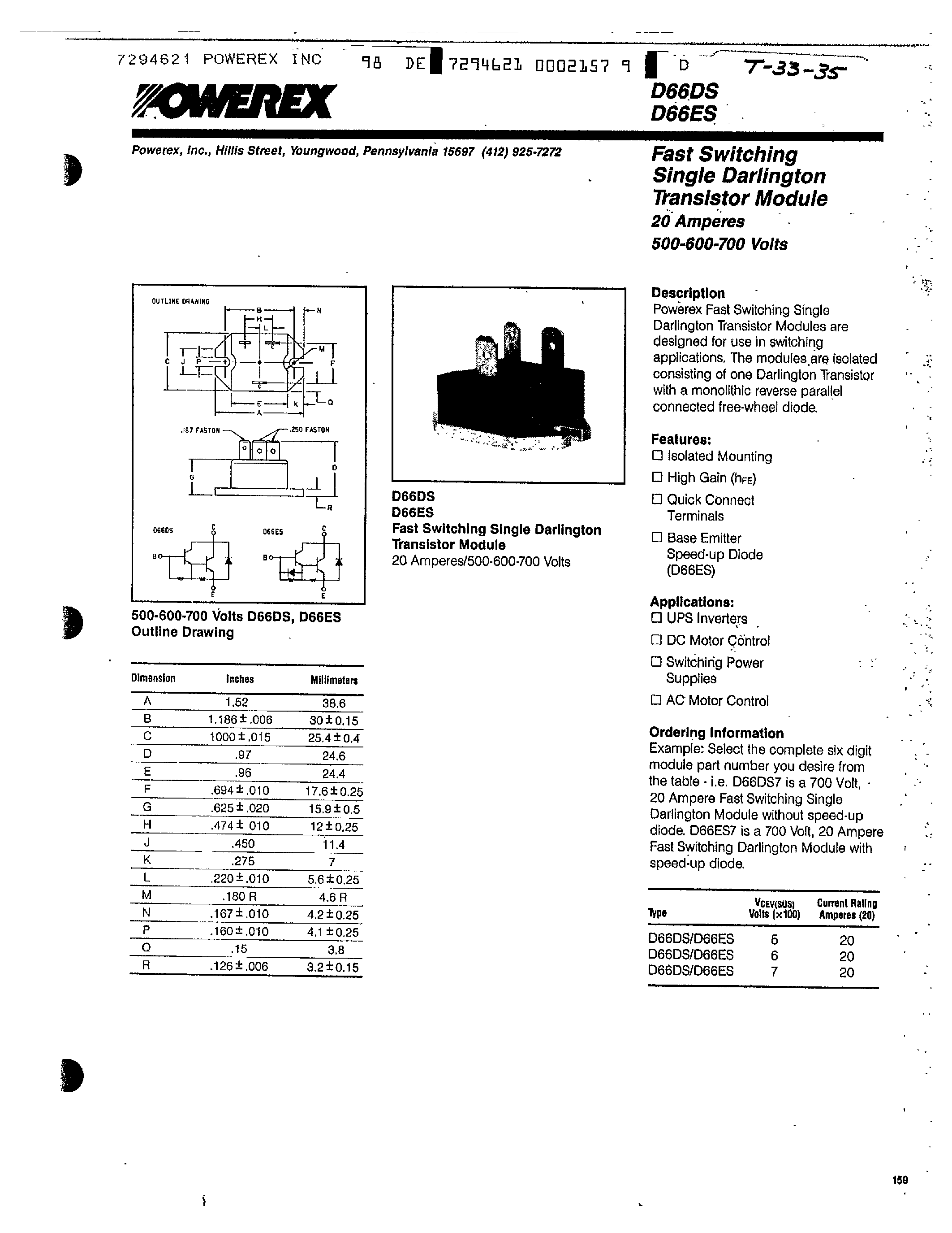 Datasheet D66DS page 1 Datasheet D66DS - Fast Switching Single Darlington Transistor Module page 1