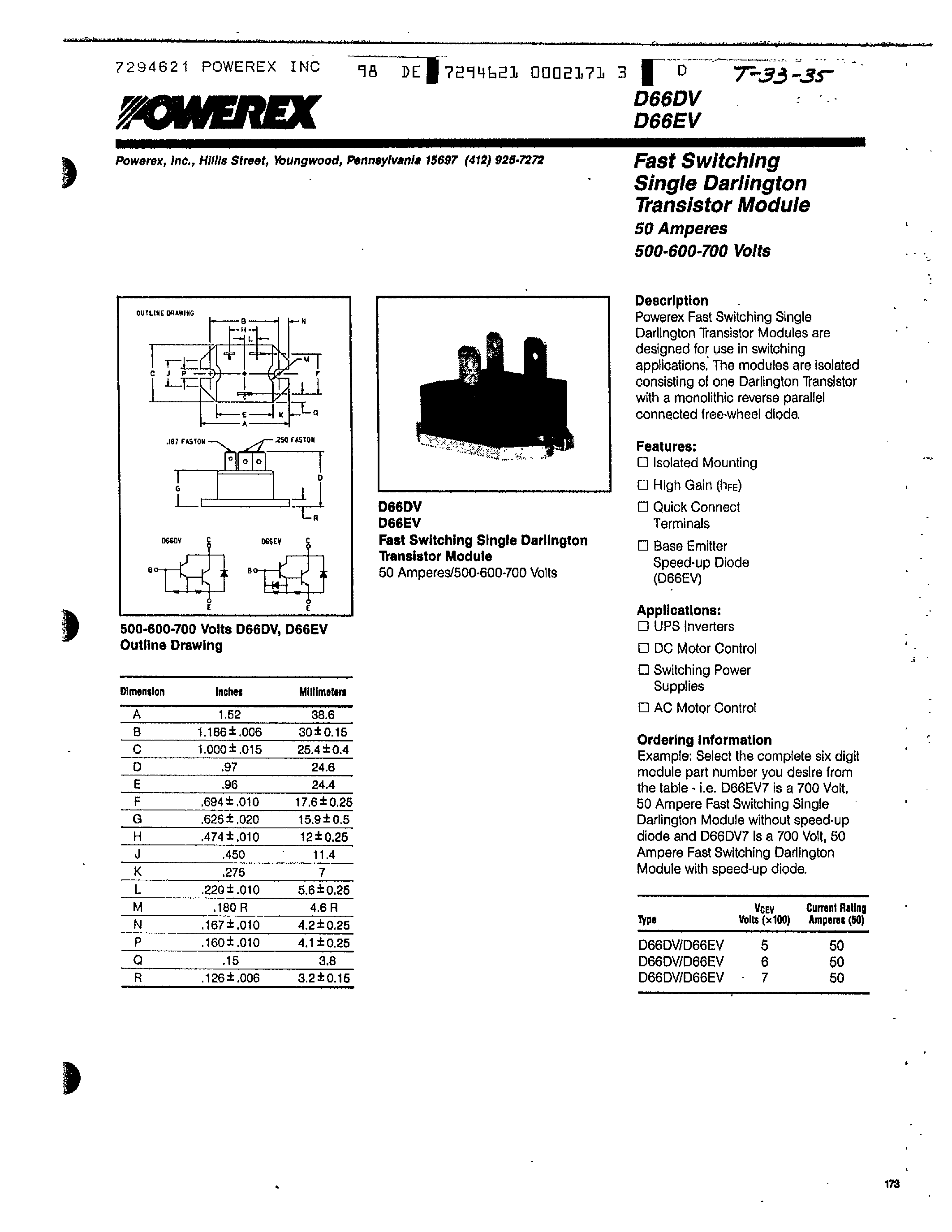 Datasheet D66DV550 page 1 Datasheet D66DV550 - Fast Switching Single Darlington Transistor Module page 1