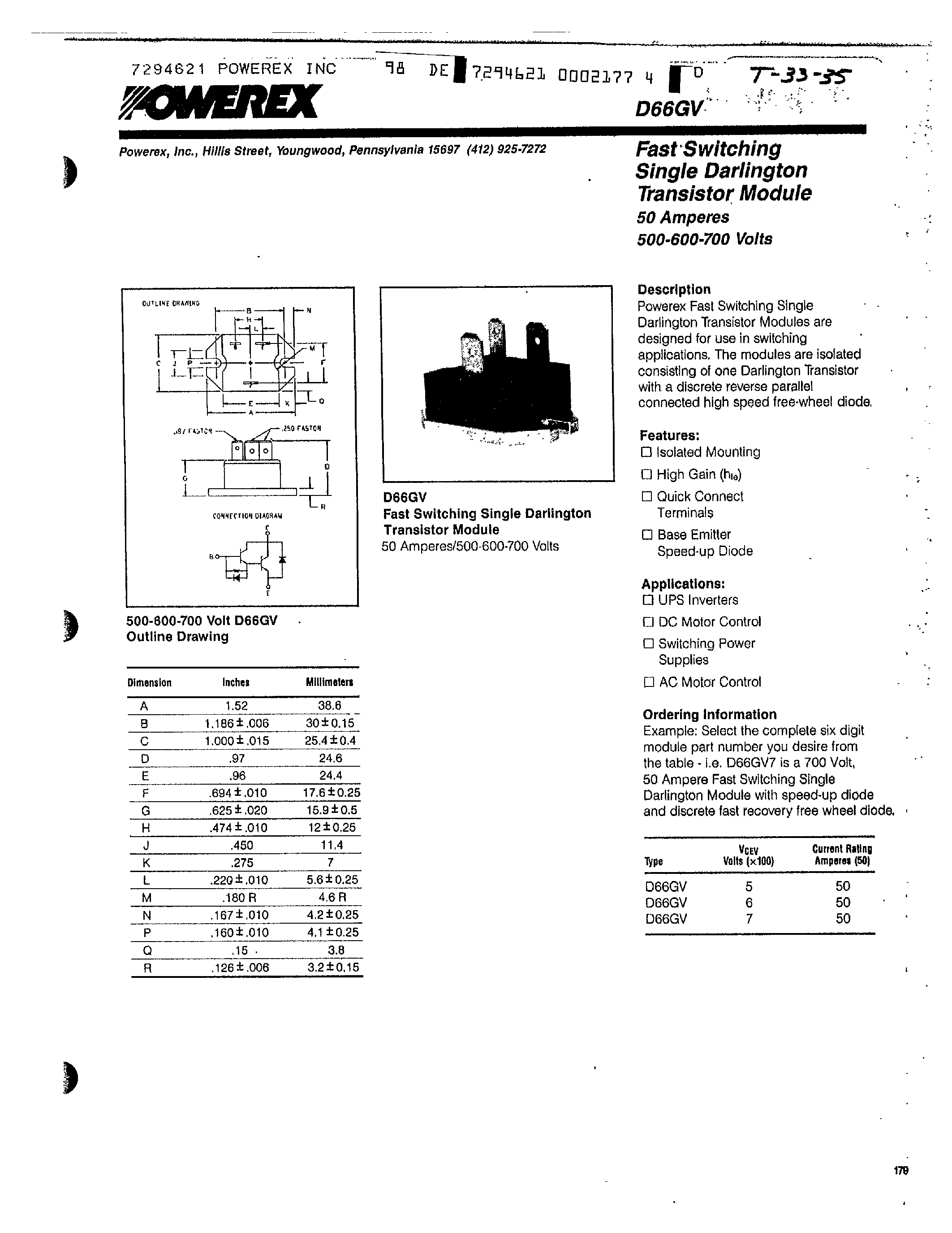 Даташит D66GV - Fast Switching Single Darlington Transistor Module страница 1