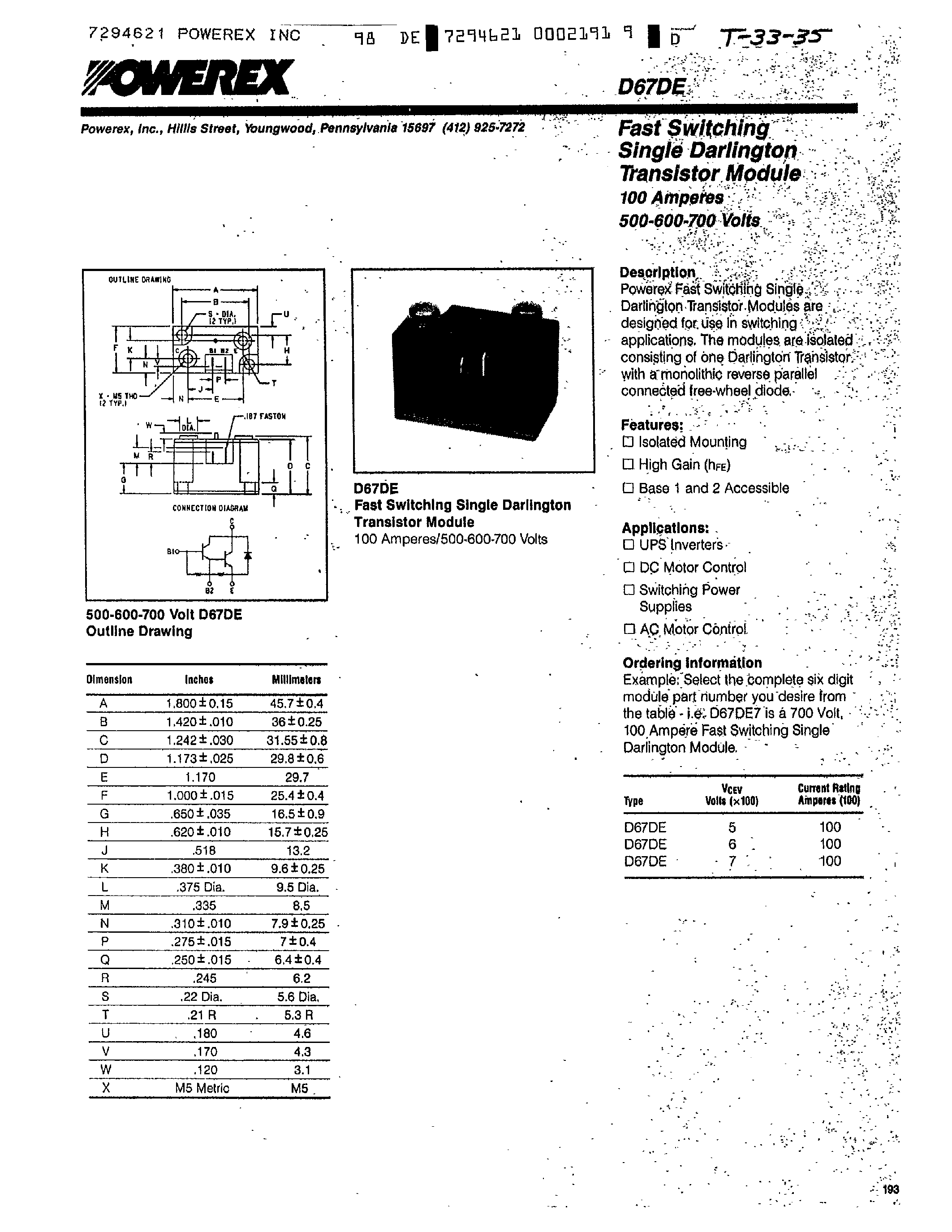 Даташит D67DE - Fast Switching Single Darlington Transistor Module страница 1