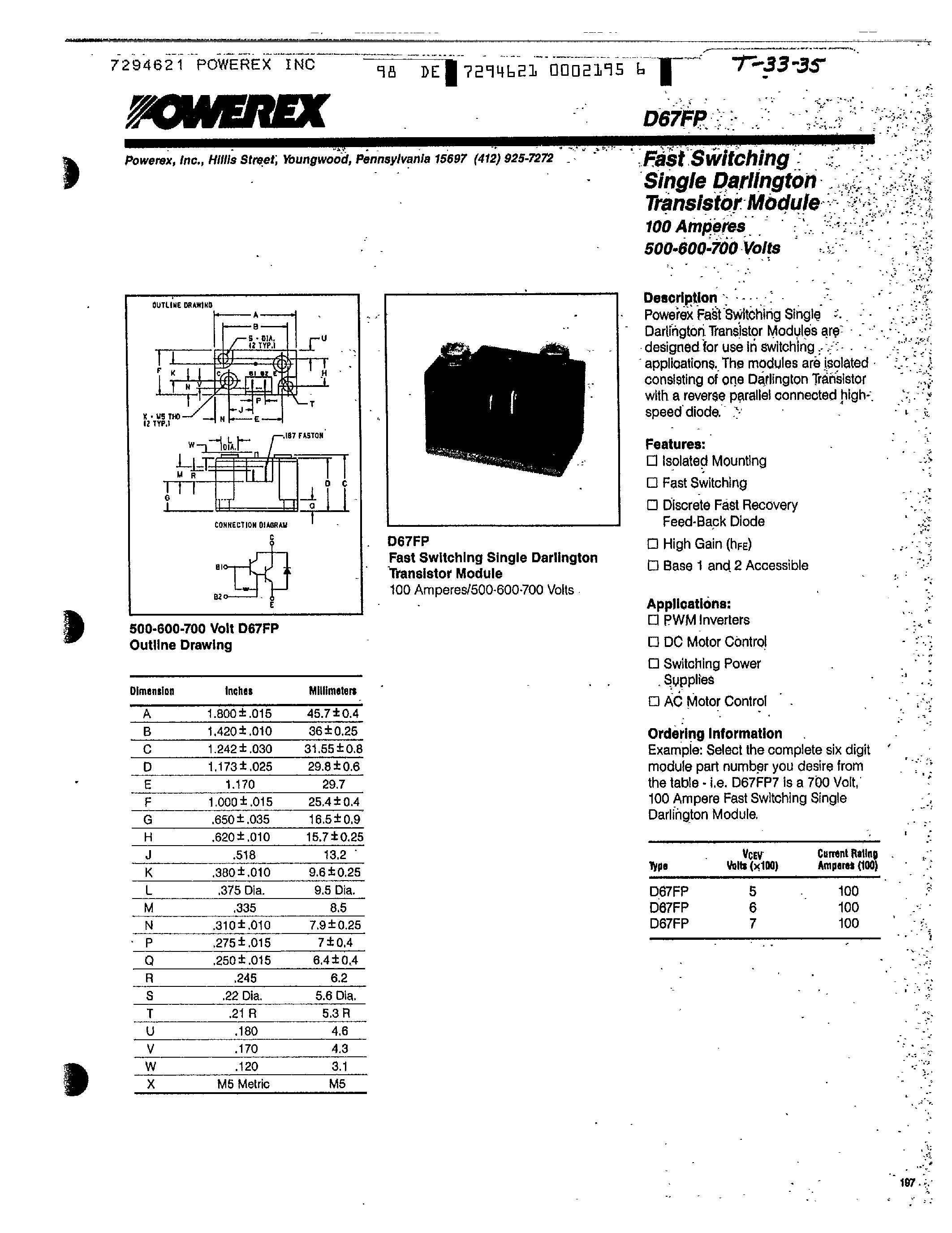 Даташит D67FP - Fast Switching Single Darlington Transistor Module страница 1