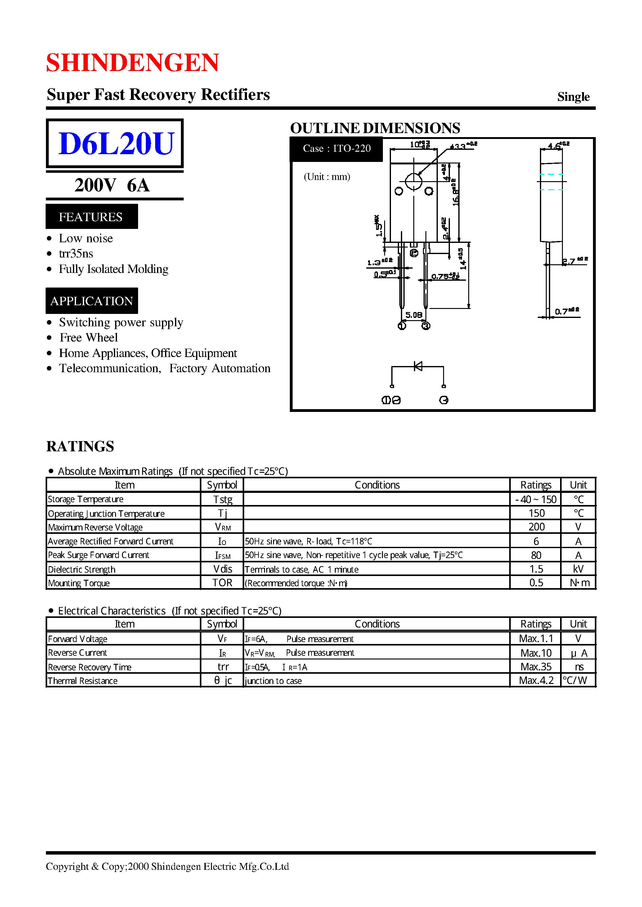 Datasheet D6L20U page 1 Datasheet D6L20U - Super Fast Recovery Rectifiers(200V 6A) page 1