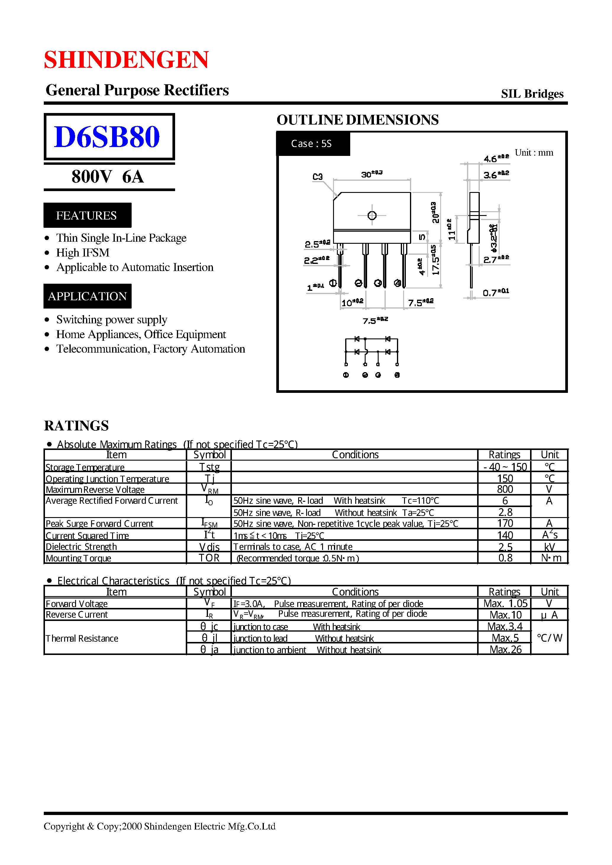 Datasheet D6SB80 page 1 Datasheet D6SB80 - General Purpose Rectifiers(800V 6A) page 1