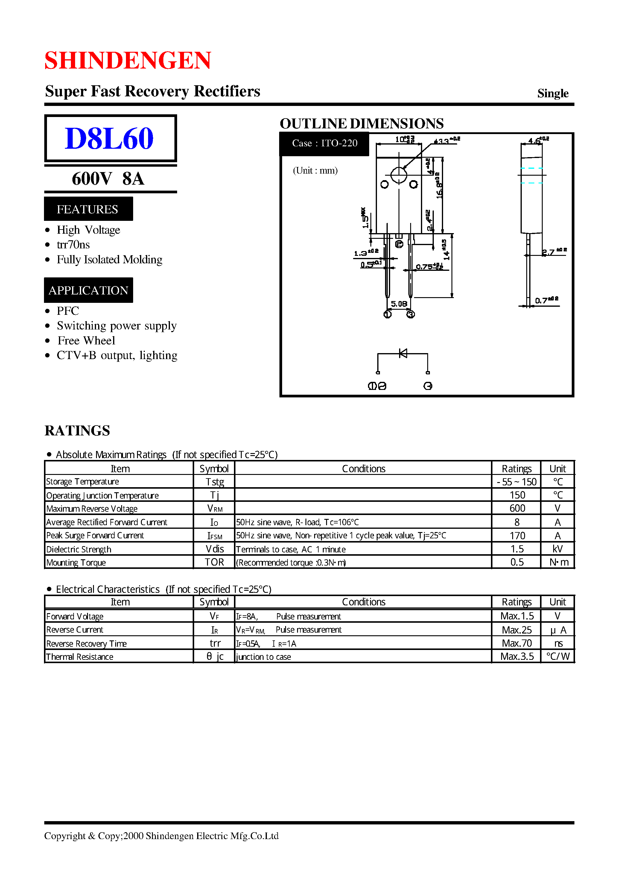 Datasheet D8L60 page 1 Datasheet D8L60 - Super Fast Recovery Rectifiers(600V 8A) page 1