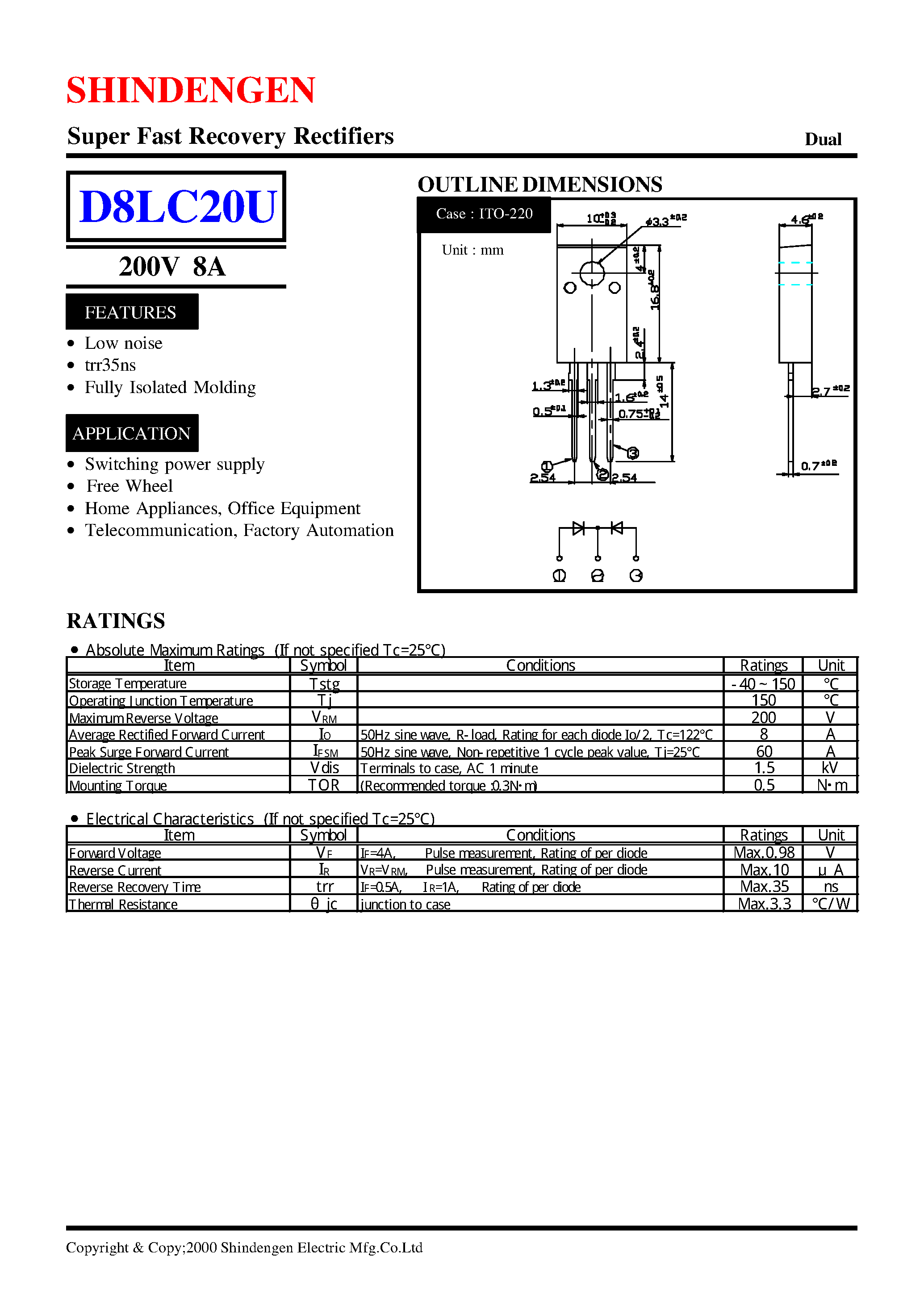 Datasheet D8LC20U page 1 Datasheet D8LC20U - Super Fast Recovery Rectifiers(200V 8A) page 1