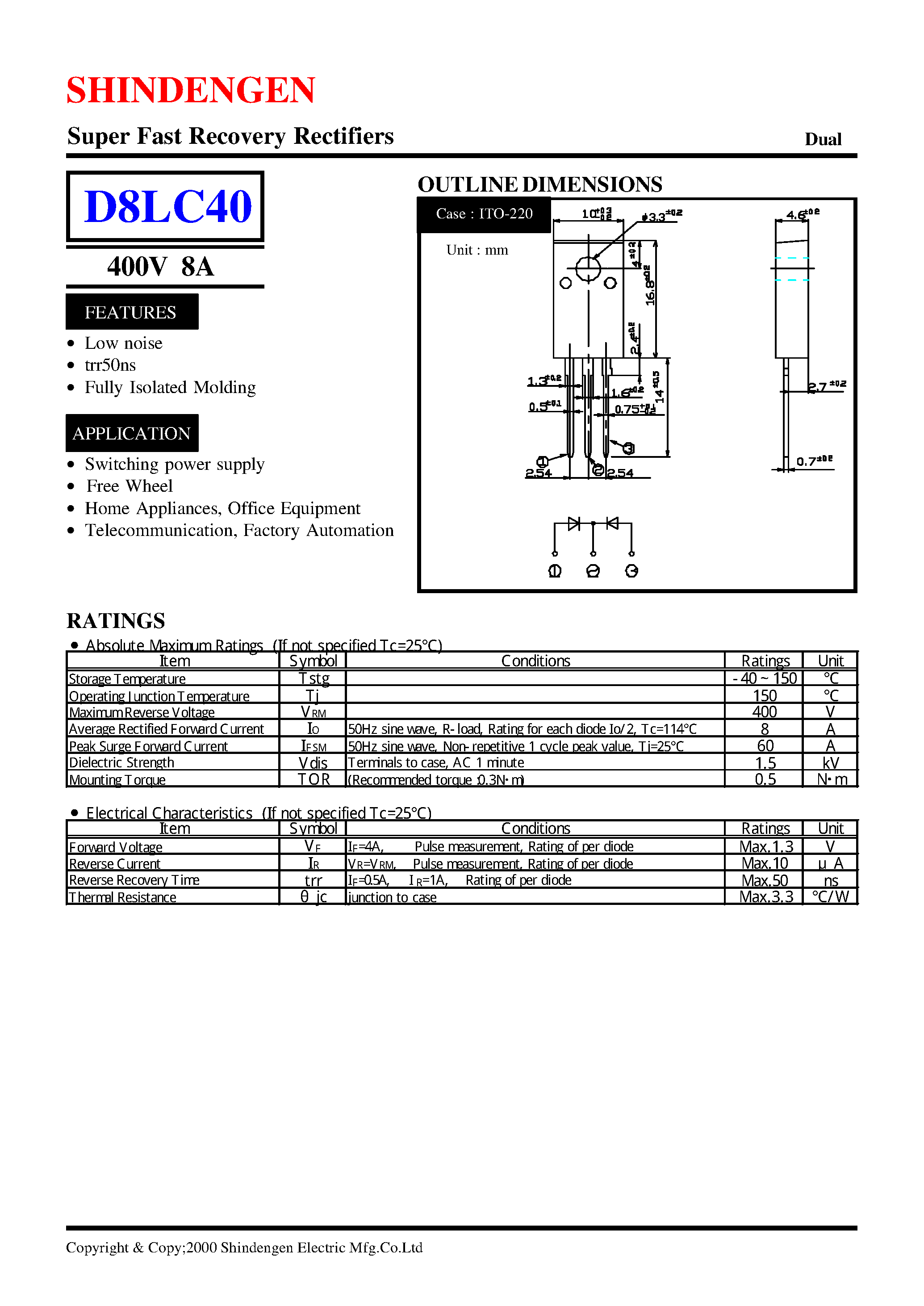 Datasheet D8LC40 page 1 Datasheet D8LC40 - Super Fast Recovery Rectifiers (400V 8A) page 1