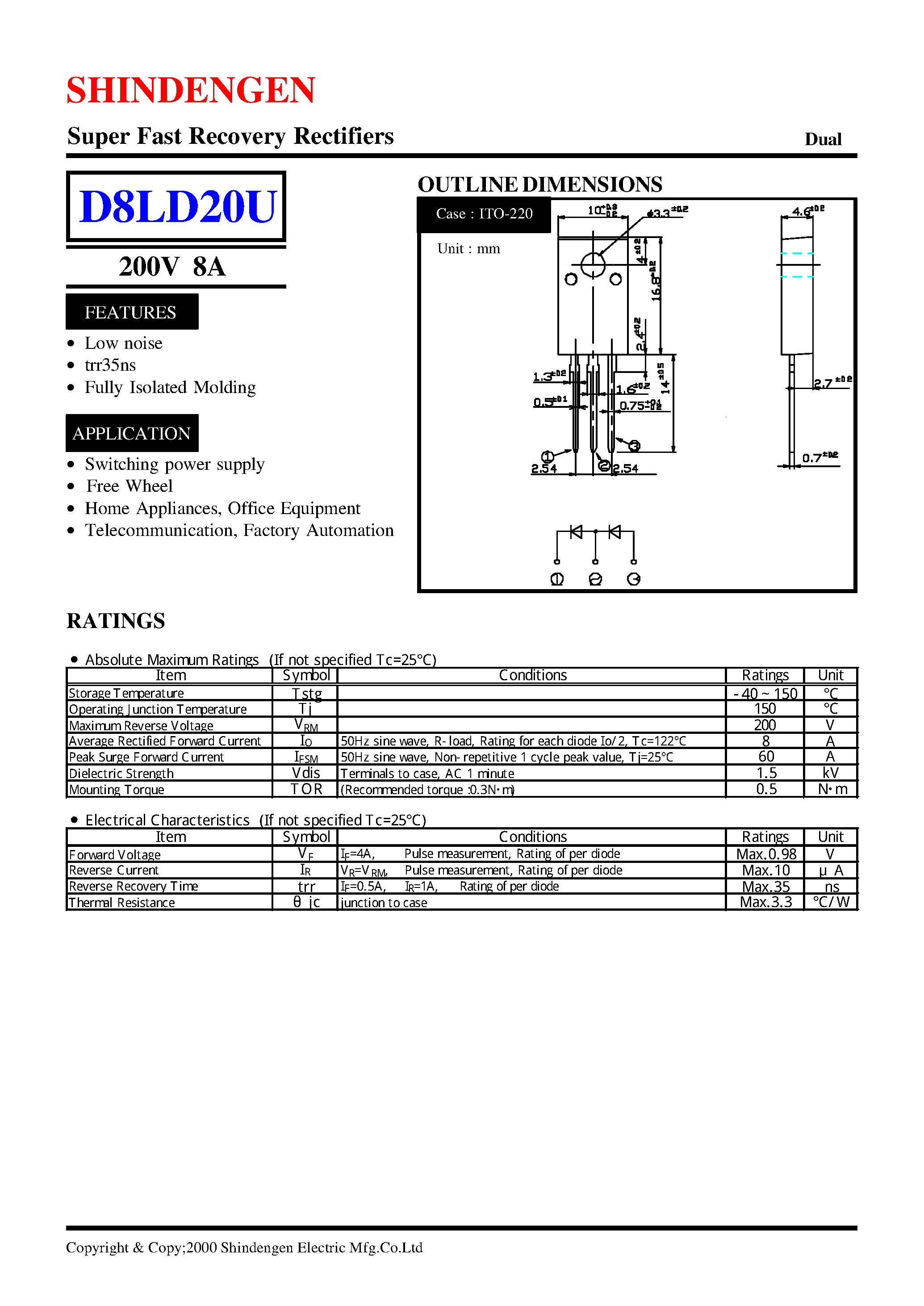 Datasheet D8LD20U page 1 Datasheet D8LD20U - Super Fast Recovery Rectifiers(200V 8A) page 1