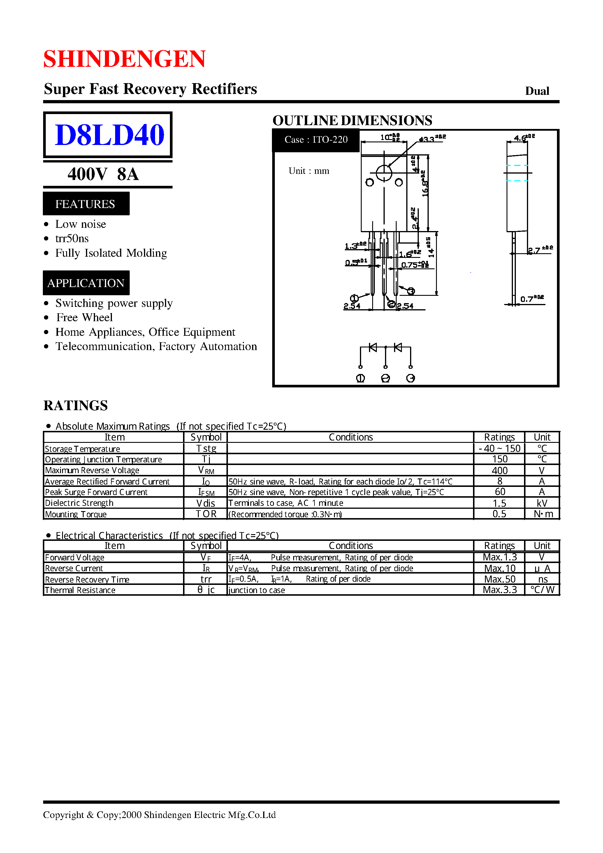 Datasheet D8LD40 page 1 Datasheet D8LD40 - Super Fast Recovery Rectifiers(400V 8A) page 1