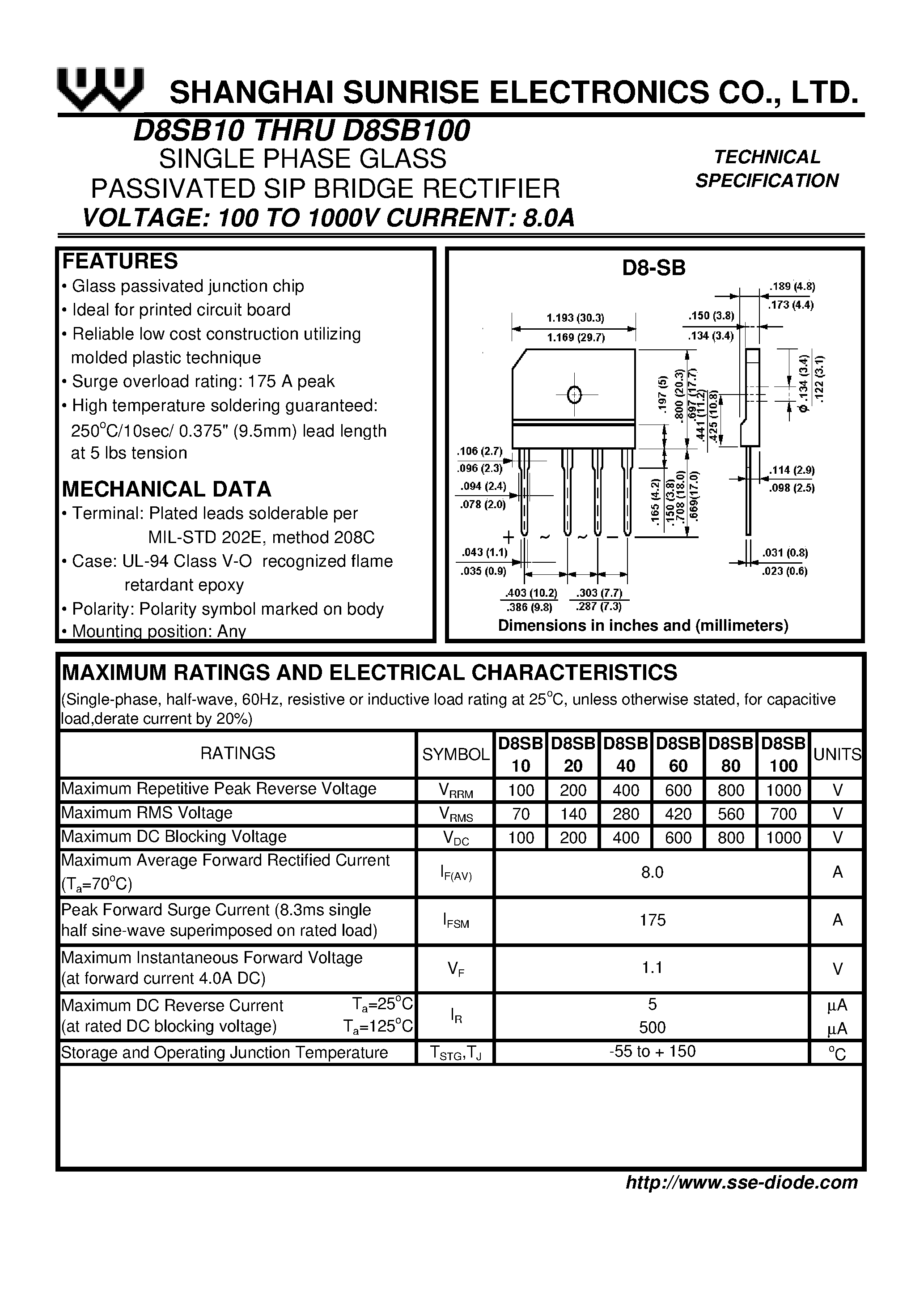 Datasheet D8SB20 page 1 Datasheet D8SB20 - SINGLE PHASE GLASS PASSIVATED SIP BRIDGE RECTIFIER page 1