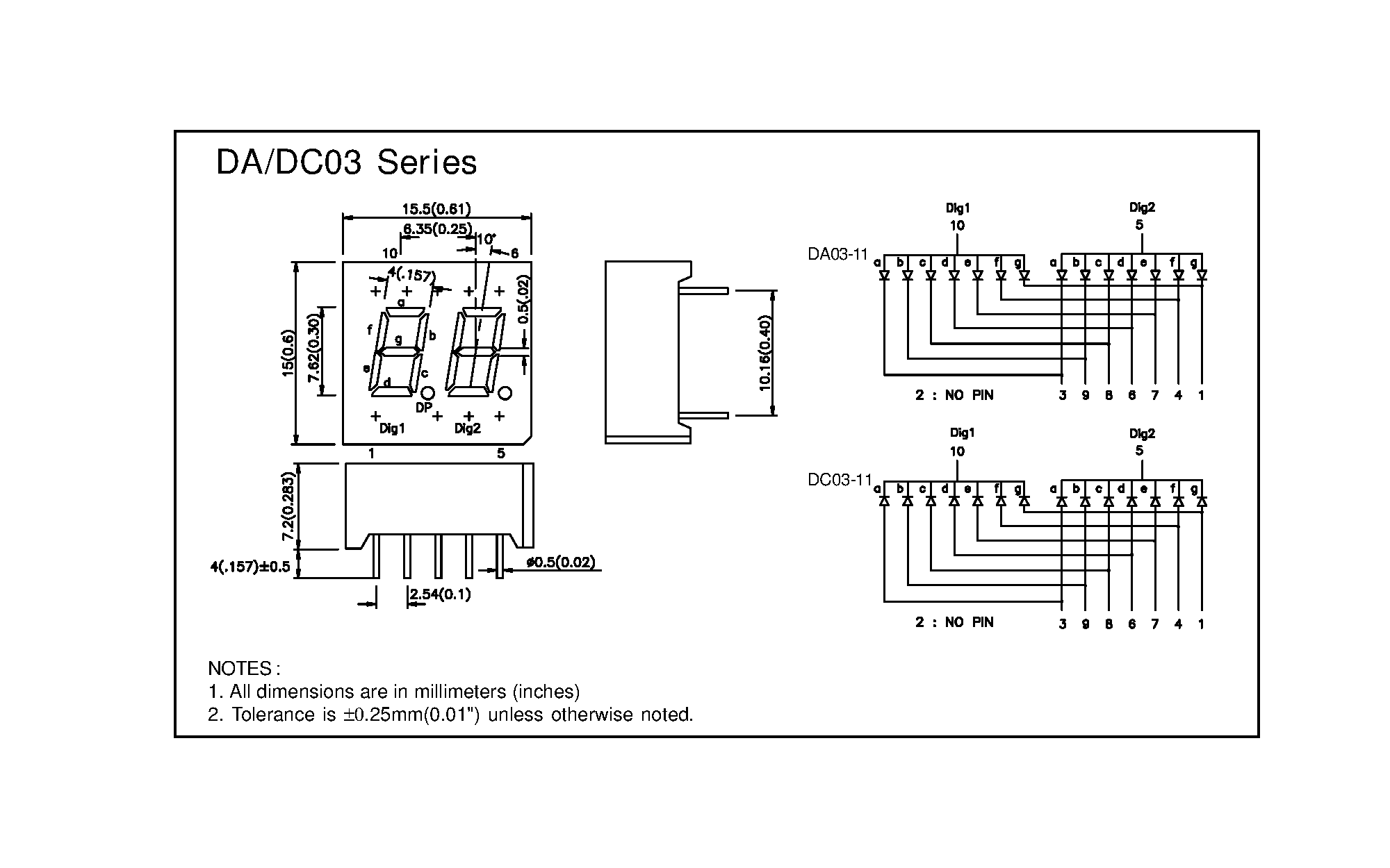 Datasheet DA03 - "1. All dimensions are in millimeters (inches) 2. Tolerance is 0.25mm(0.01"") unless otherwise noted." page 1
