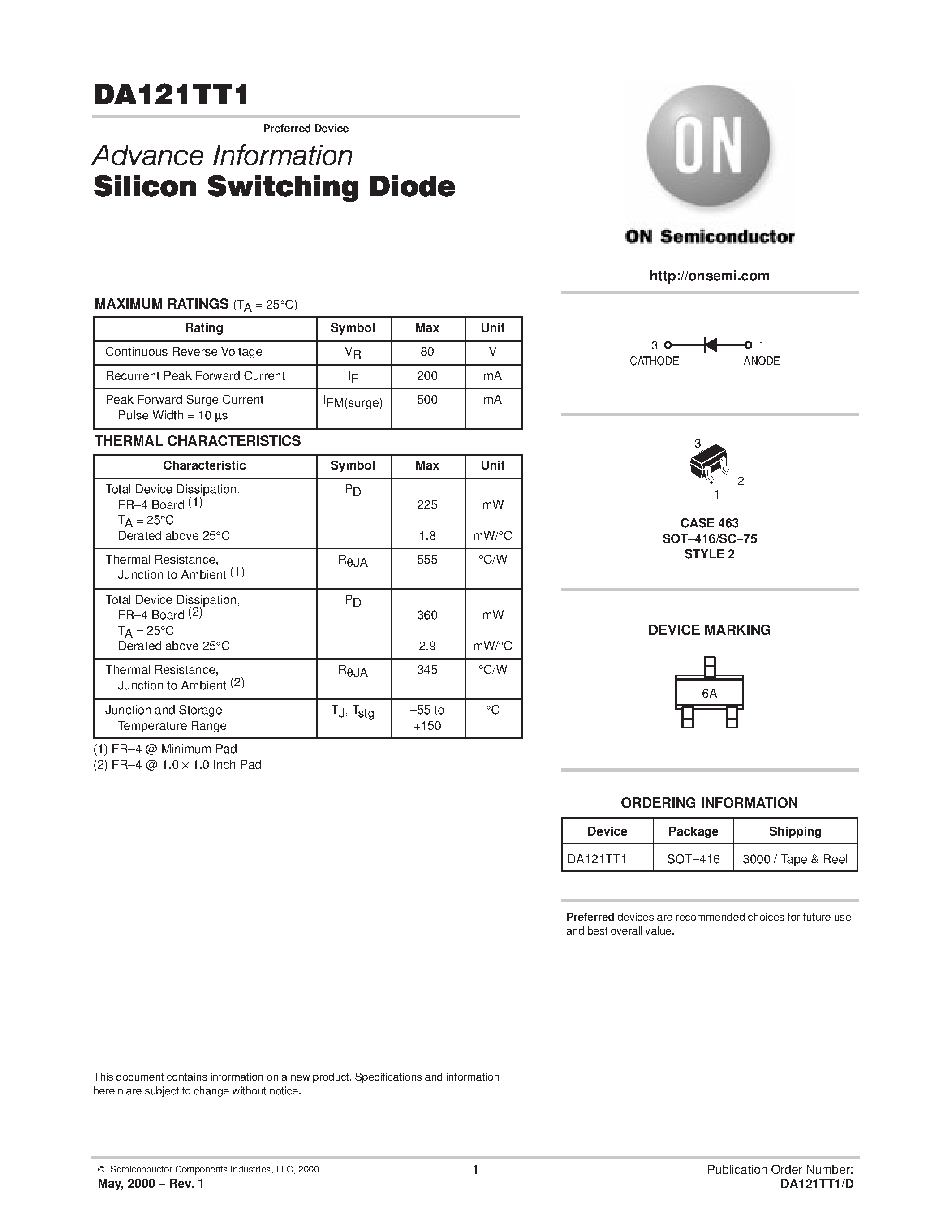Даташит на микросхему DA121TT1 страница 1 Даташит DA121TT1 - Silicon Switching Diode страница 1