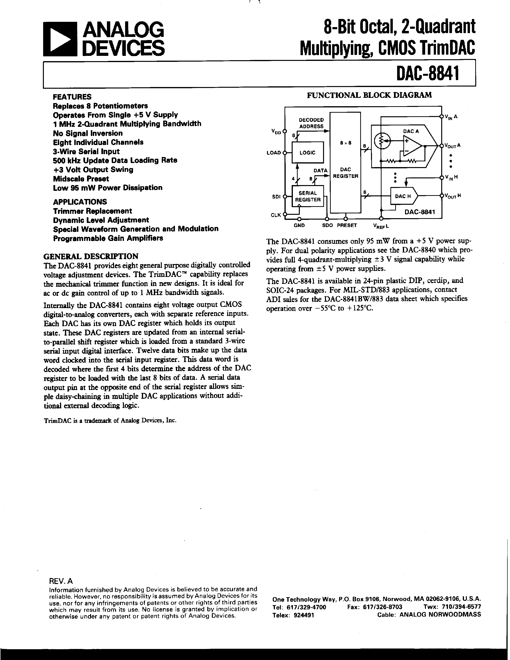 Datasheet DAC-8841GBC page 1 Datasheet DAC-8841GBC - 8-Bit Octal/ 2-Quadrant Multiplying/ CMOS TrimDAC page 1