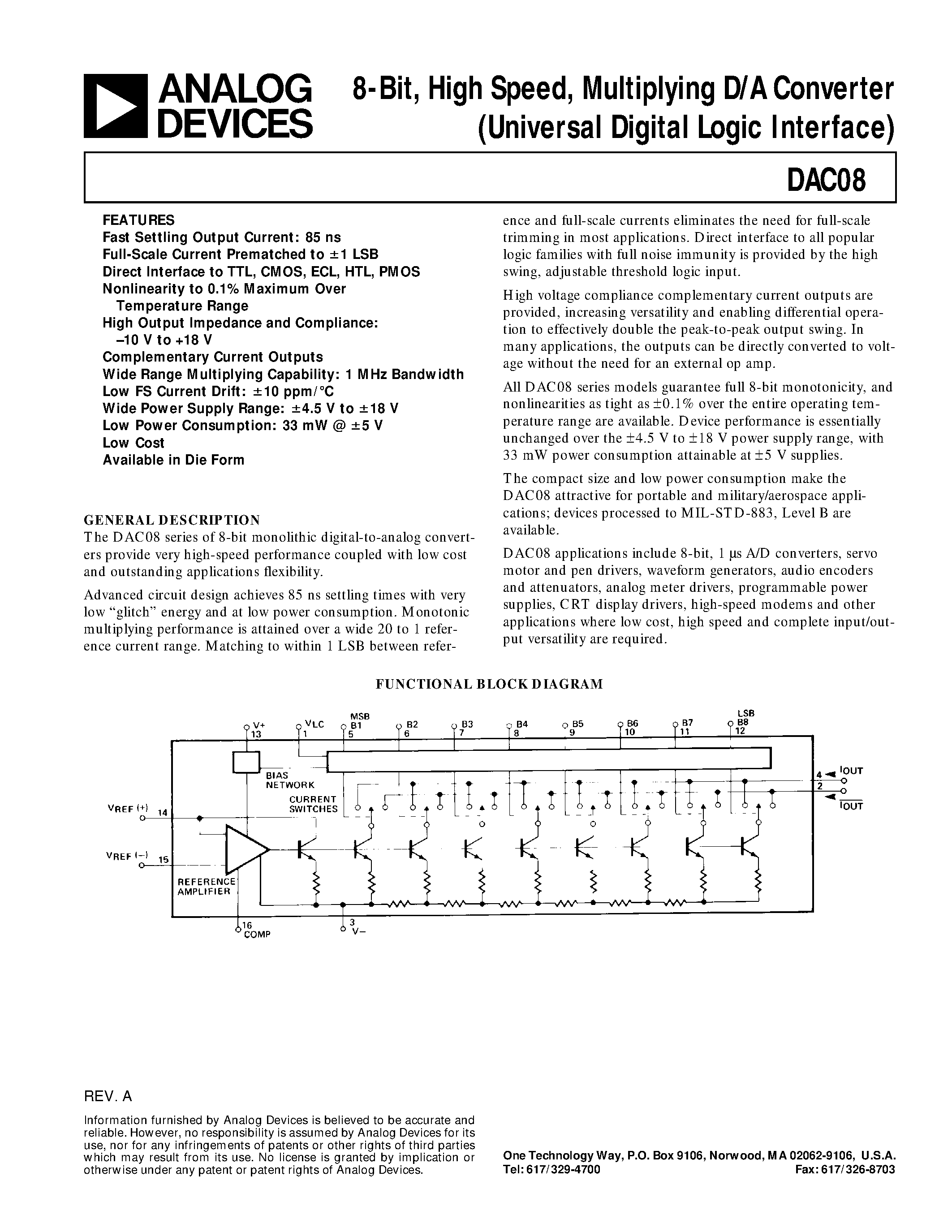 Datasheet DAC08 - Analog Devices: Data Converters: DAC 8-Bit/ 10 ns to 100 ns Converters Selection Table page 1