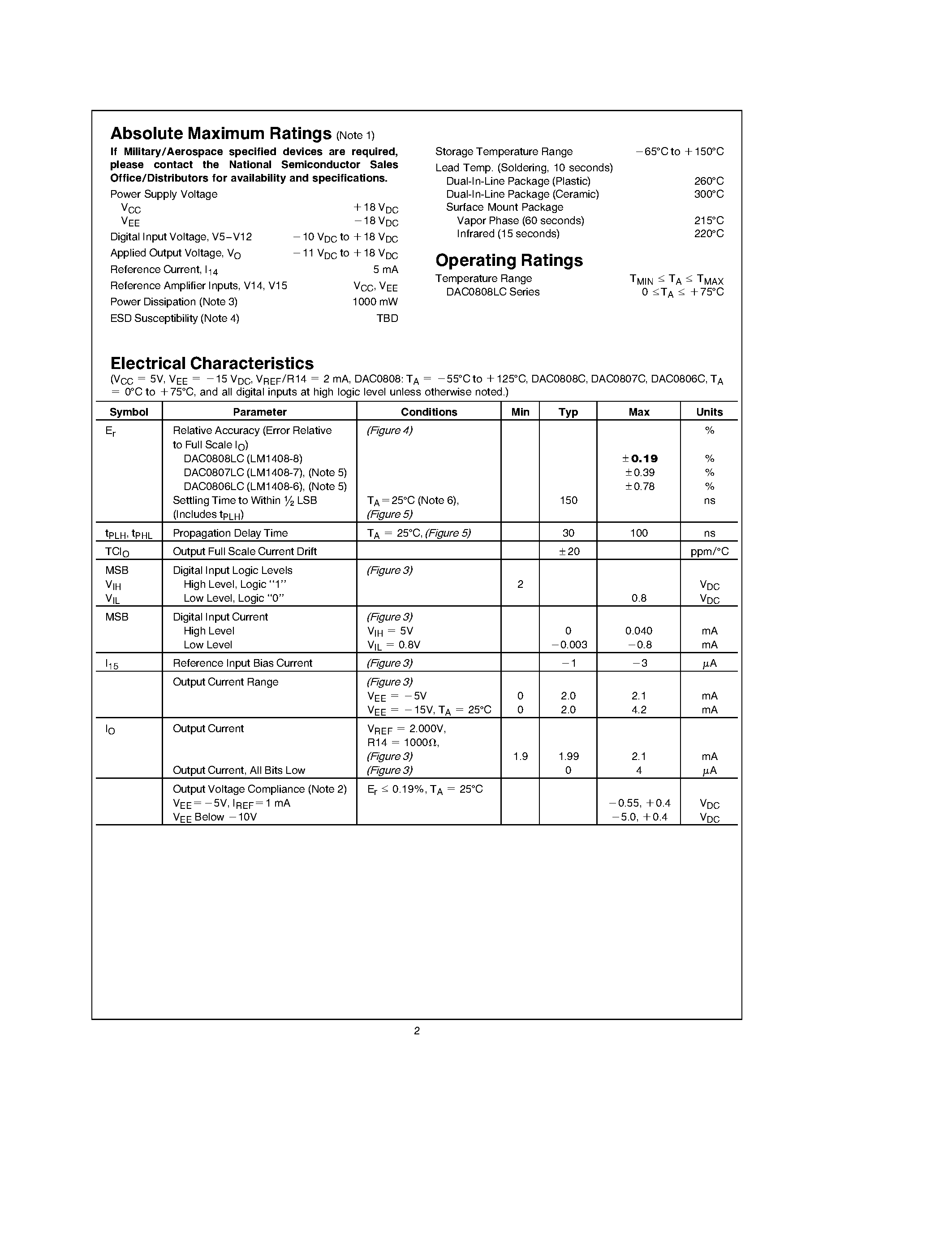 Datasheet DAC0808 - 8-Bit D/A Converter page 2