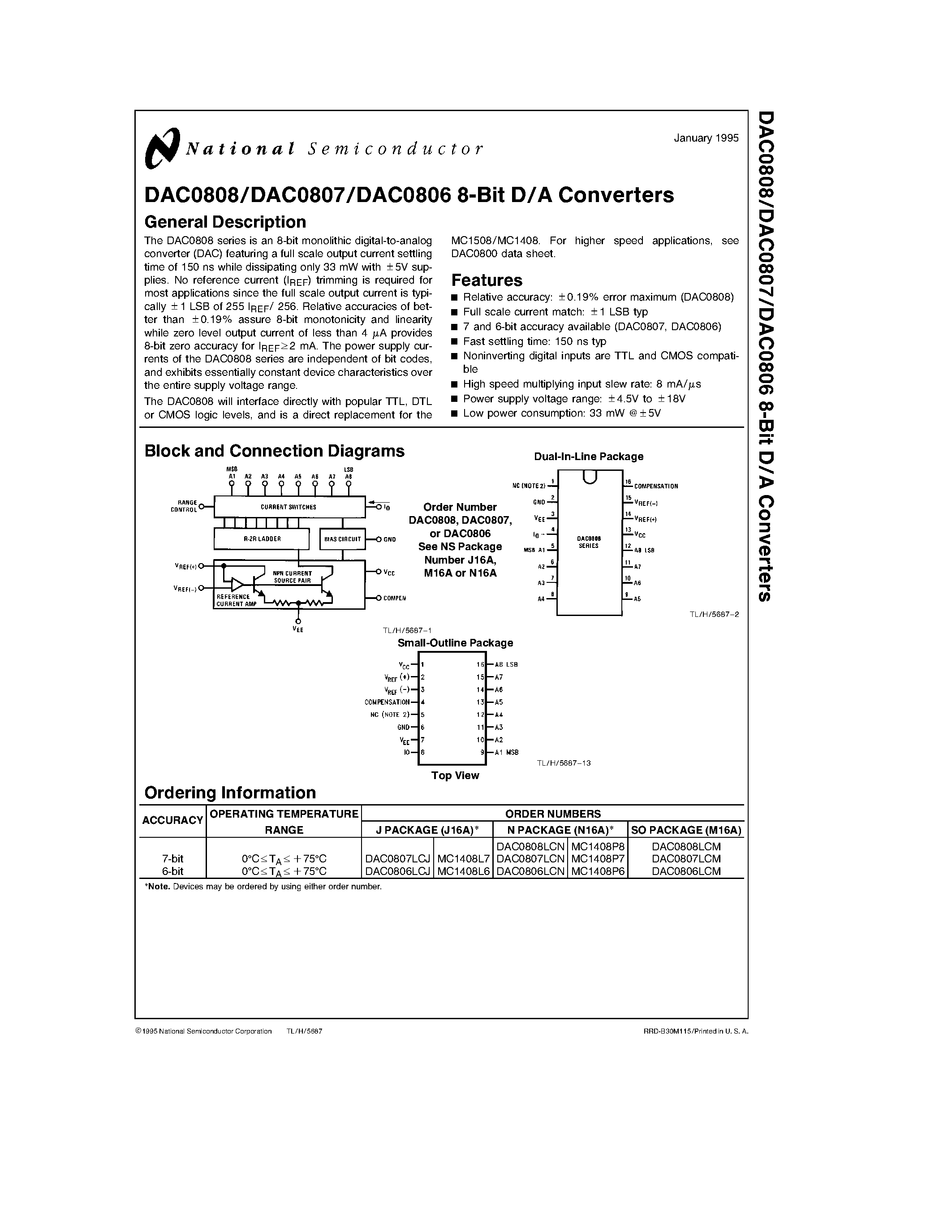 Datasheet DAC0808LCM - 8-Bit D/A Converter page 1