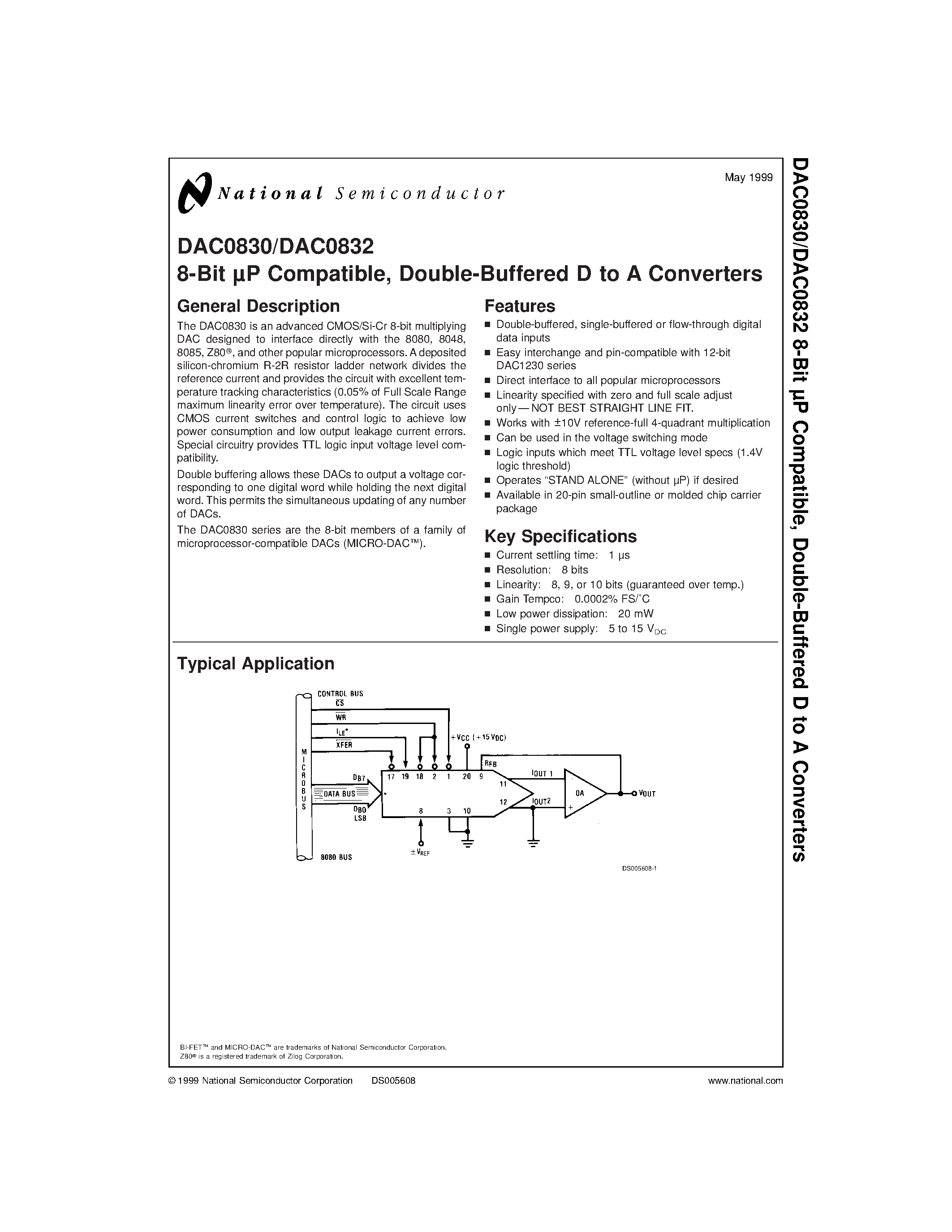 Datasheet DAC0830LCM - 8-Bit P Compatible/ Double-Buffered D to A Converters page 1
