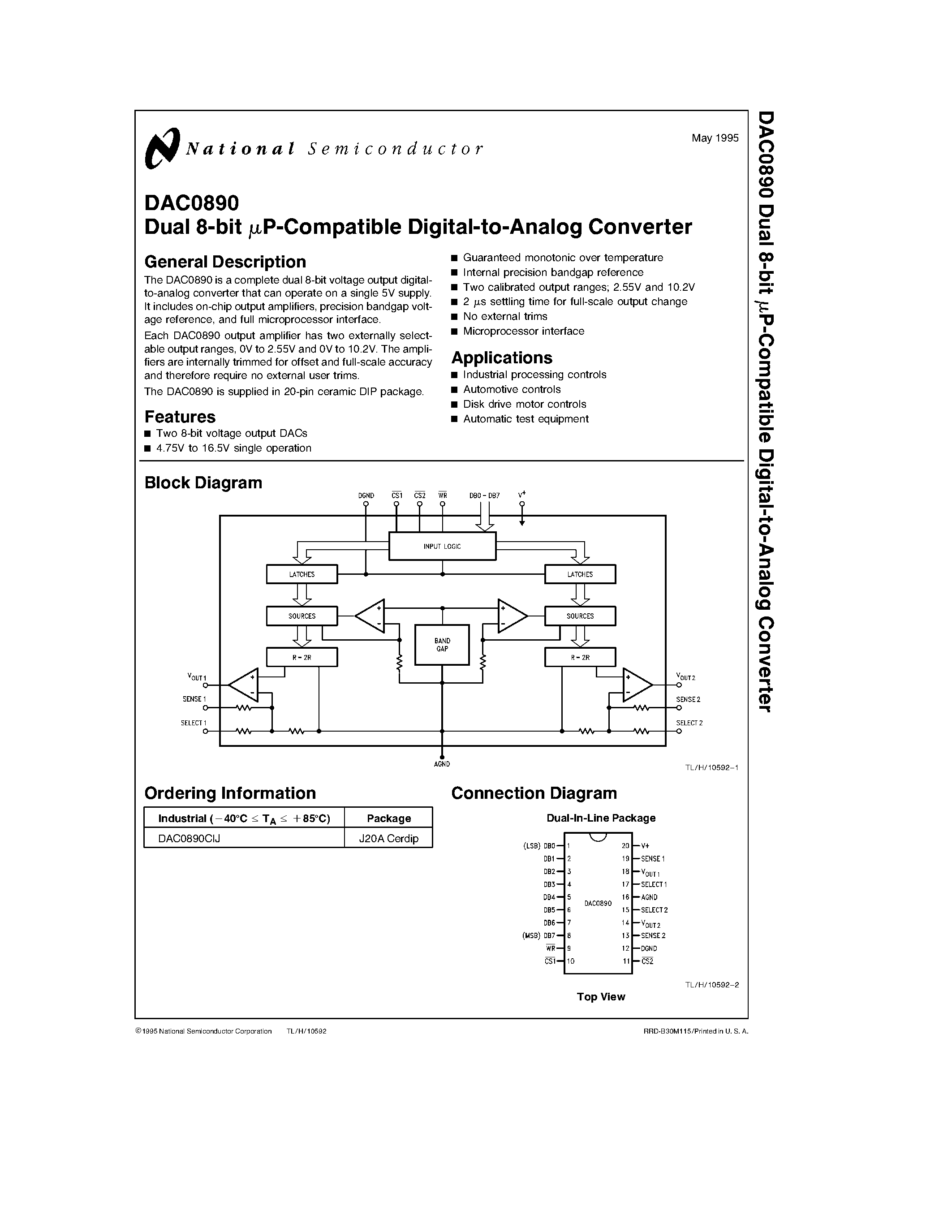 Datasheet DAC0890CIJ - Dual 8-bit mP-Compatible Digital-to-Analog Converter page 1