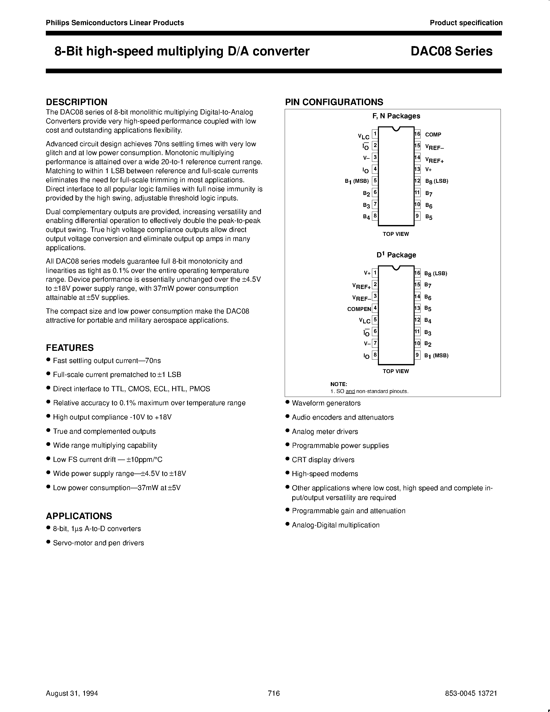 Datasheet DAC08CF - 8-Bit high-speed multiplying D/A converter page 1