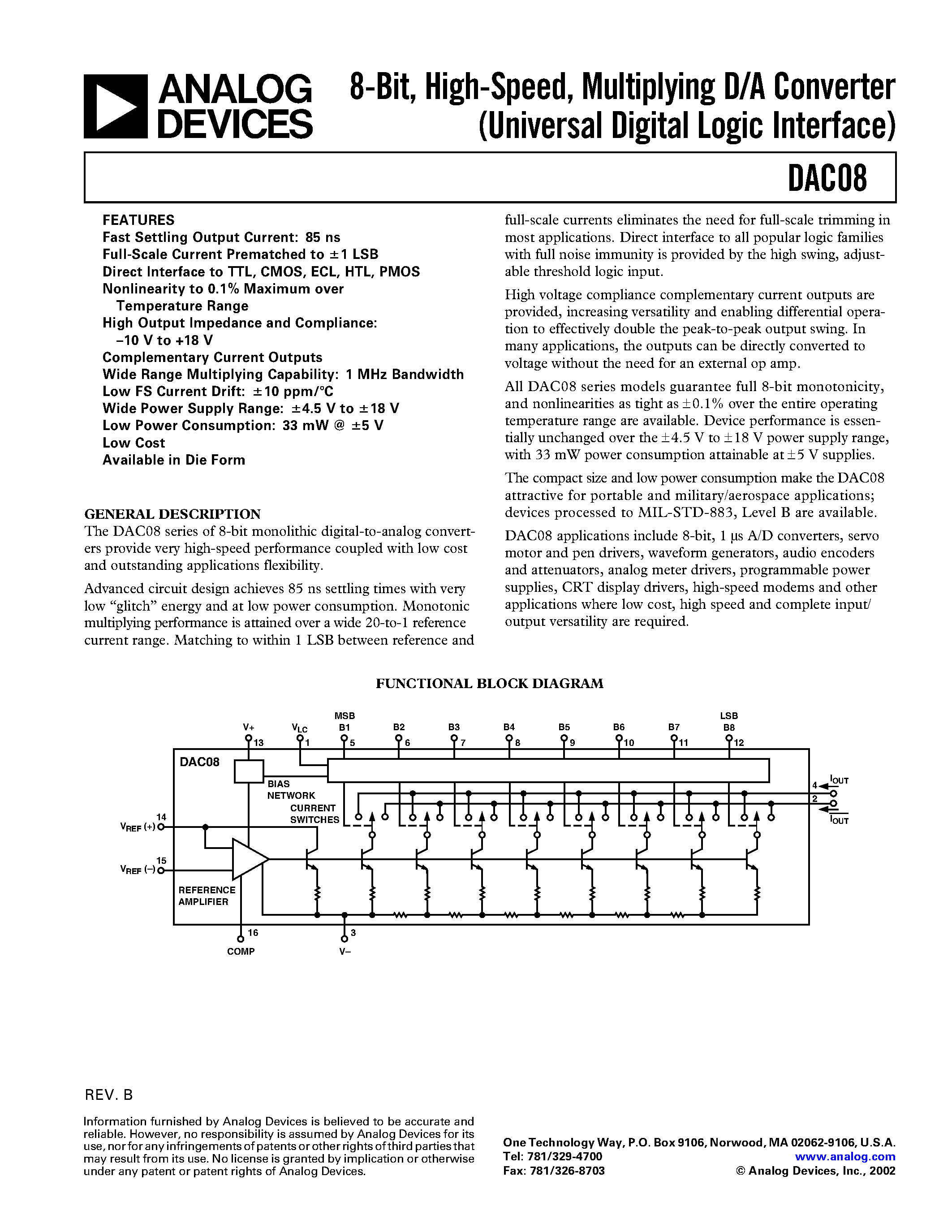Datasheet DAC08ES - 8-Bit/ High-Speed/ Multiplying D/A Converter (Universal Digital Logic Interface) page 1