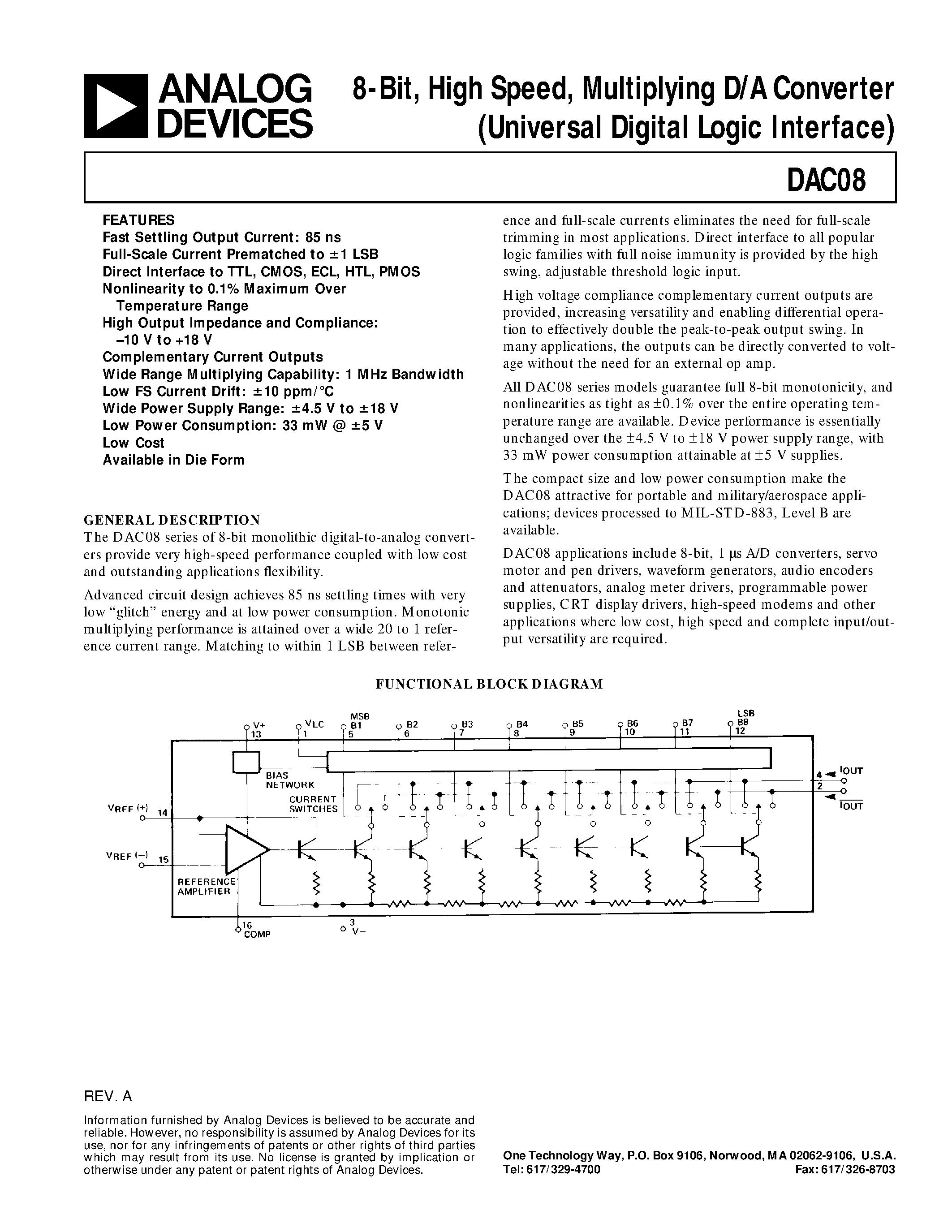 Datasheet DAC08Q page 1 Datasheet DAC08Q - 8-Bit/ High-Speed/ Multiplying D/A Converter (Universal Digital Logic Interface) page 1
