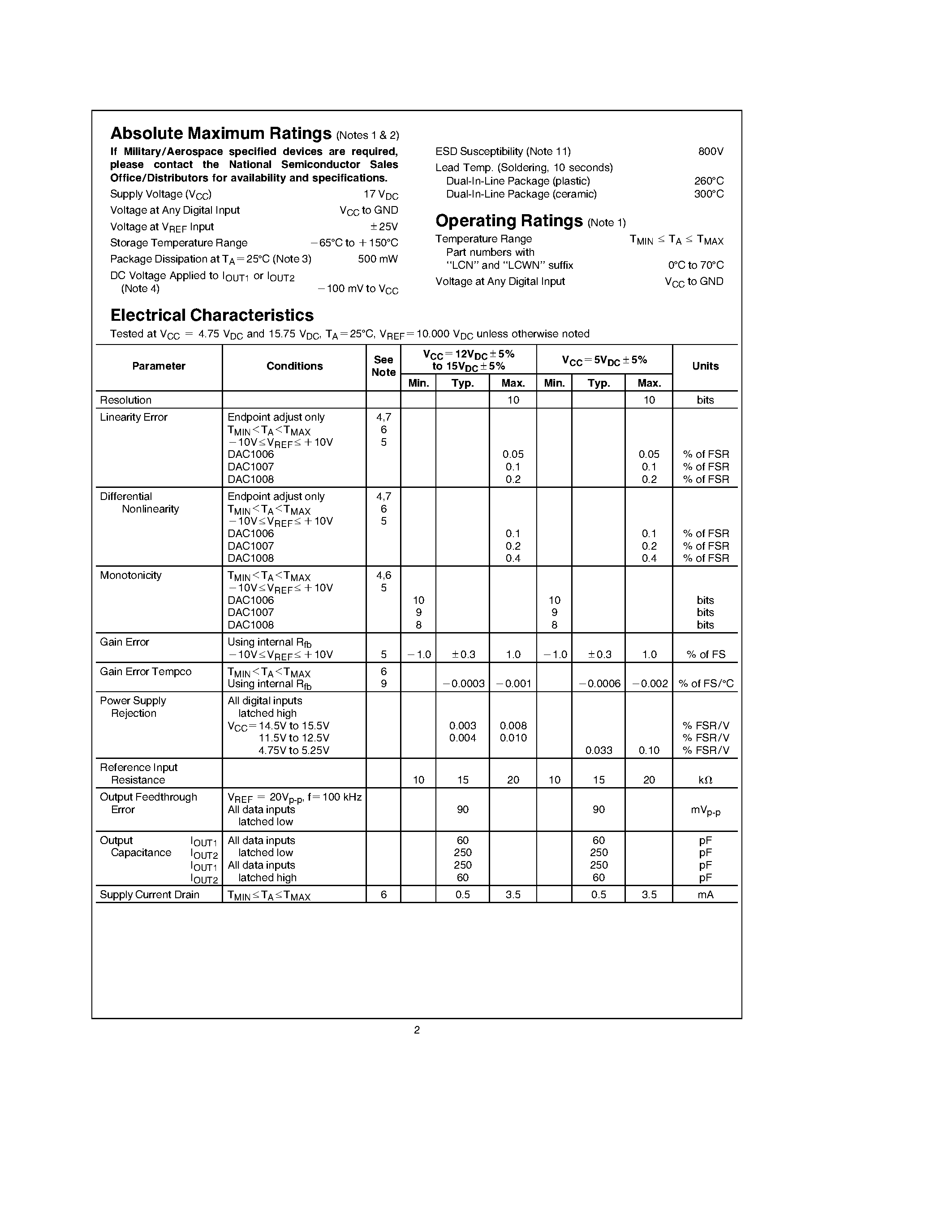 Datasheet DAC1007 - P Compatible/ Double-Buffered D to A Converters page 2