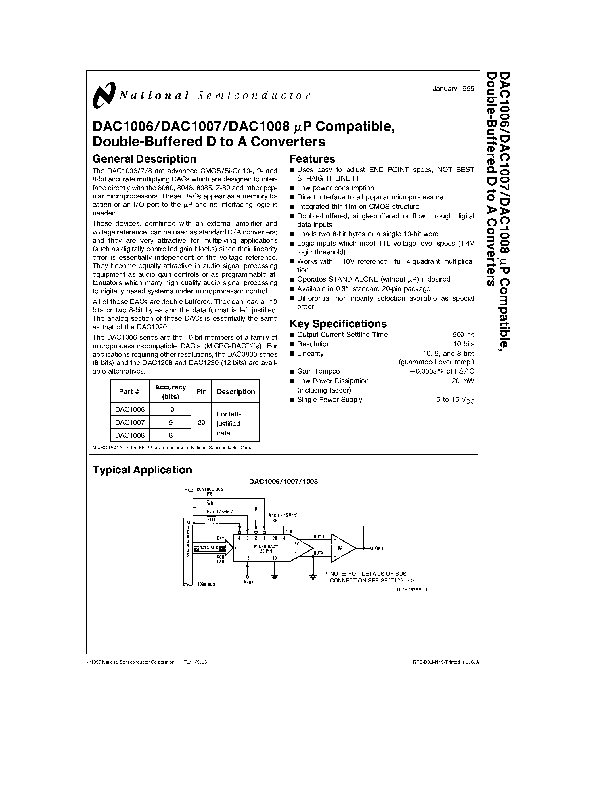 Datasheet DAC1008LCN page 1 Datasheet DAC1008LCN - P Compatible/ Double-Buffered D to A Converters page 1