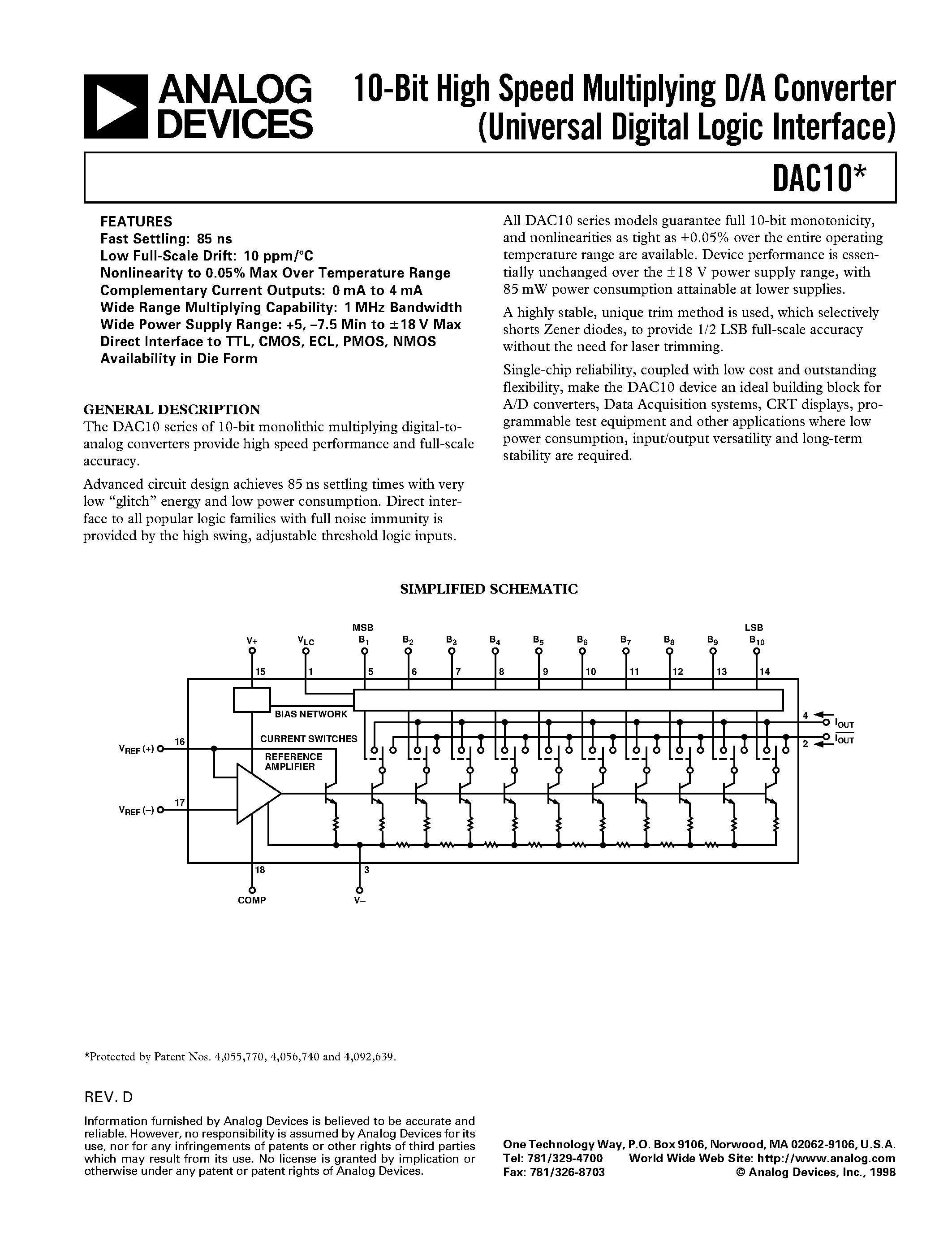 Datasheet DAC10GS - 10-Bit High Speed Multiplying D/A Converter Universal Digital Logic Interface page 1
