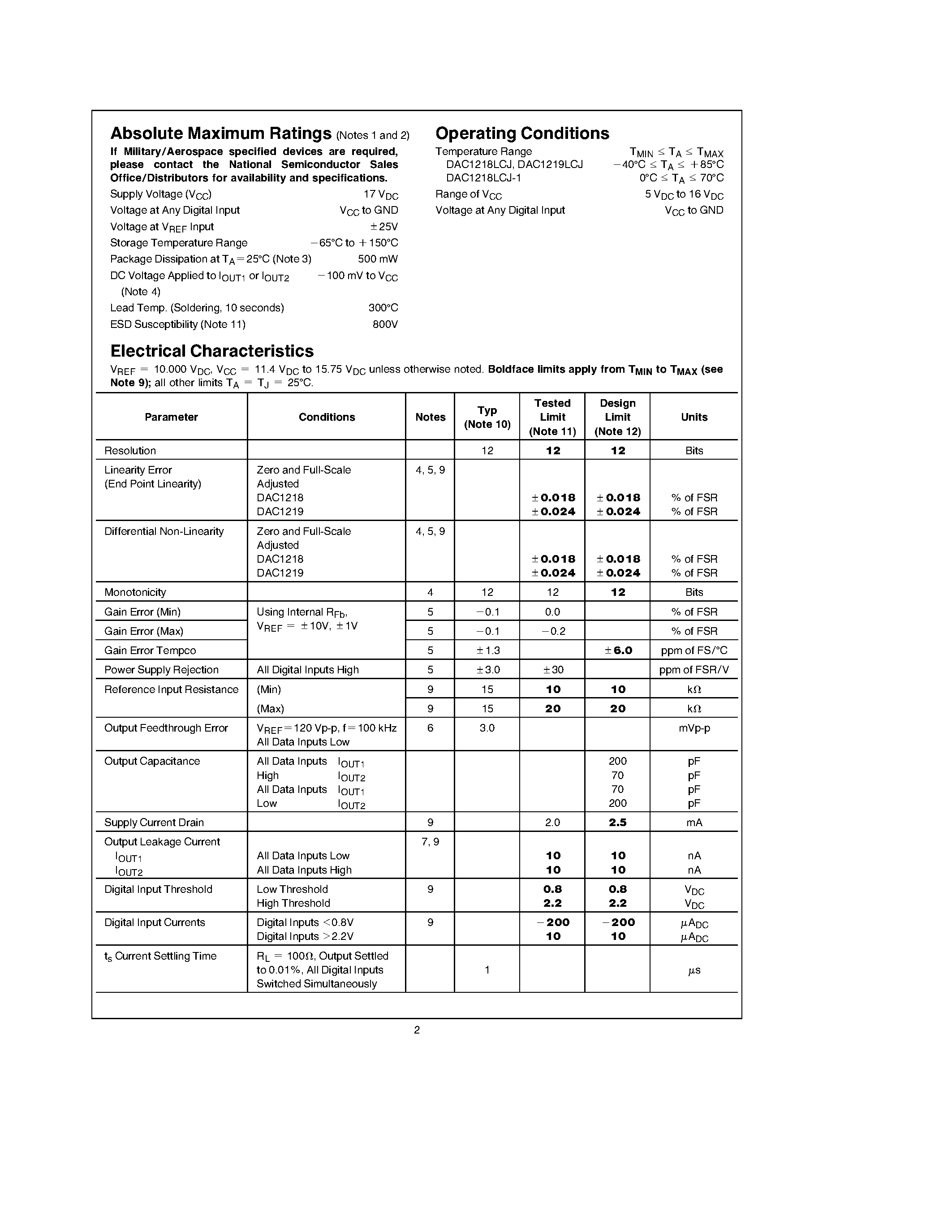 Datasheet DAC1218LCJ - 12-Bit Binary Multiplying D/A Converter page 2