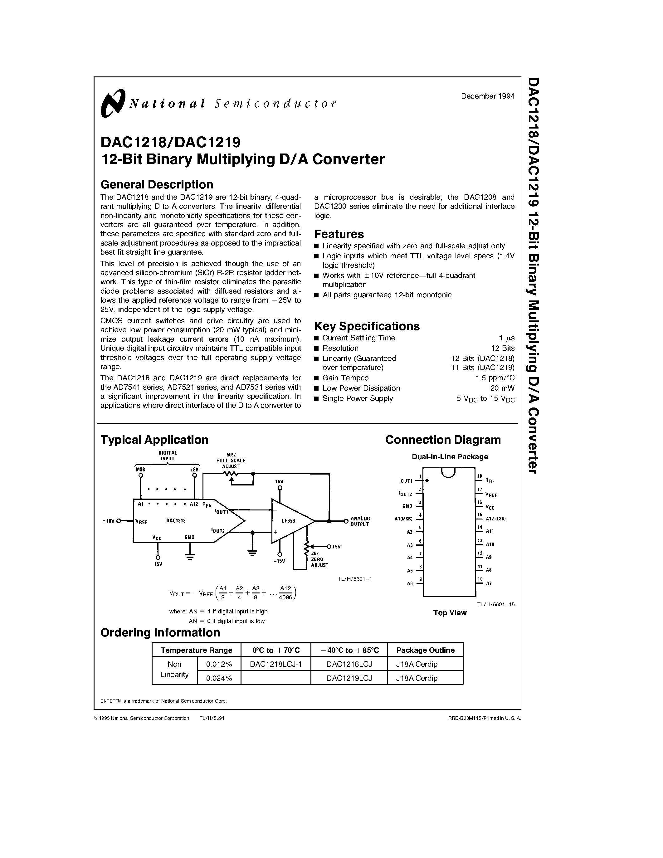 Datasheet DAC1219LCJ page 1 Datasheet DAC1219LCJ - 12-Bit Binary Multiplying D/A Converter page 1