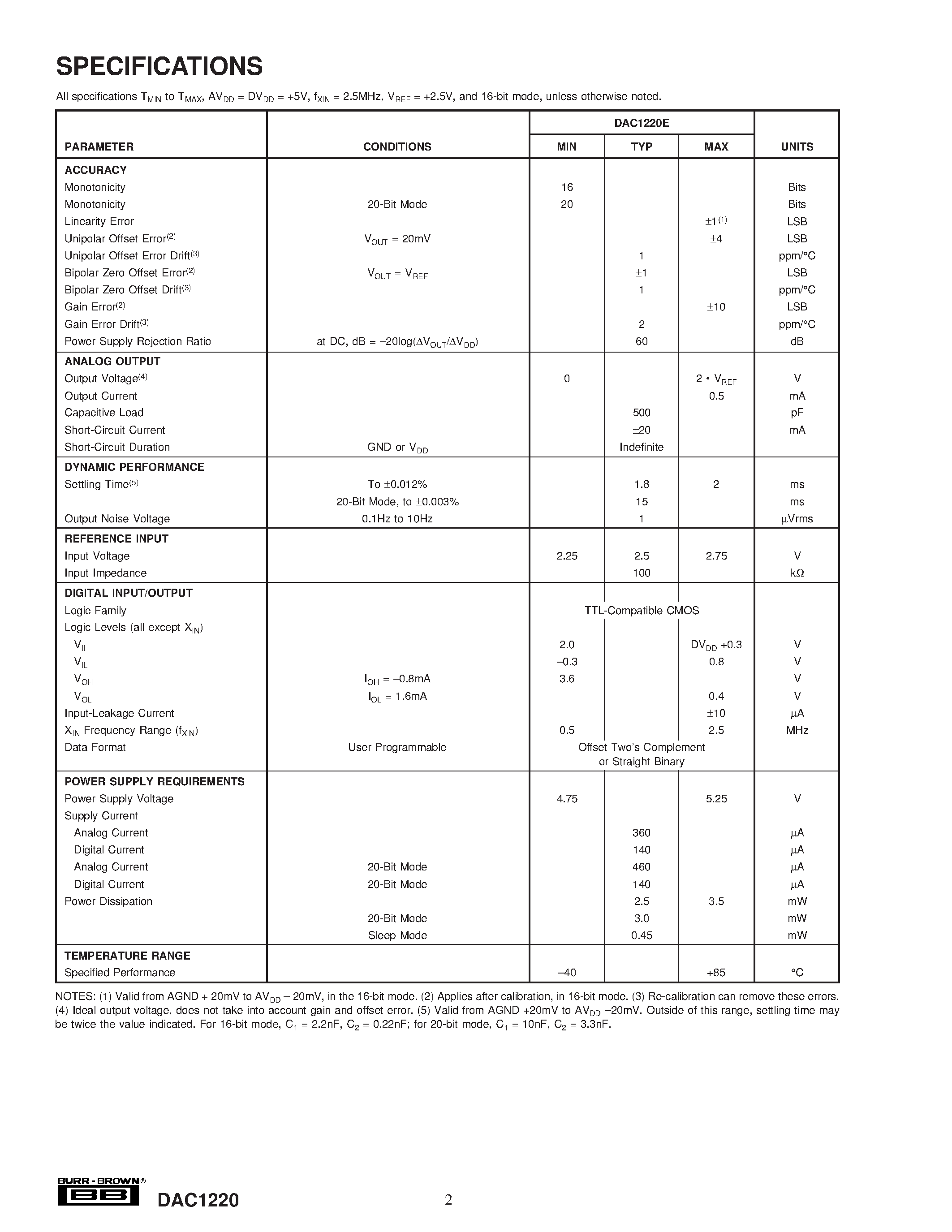Datasheet DAC1220 - 20-Bit Low Power DIGITAL-TO-ANALOG CONVERTER page 2