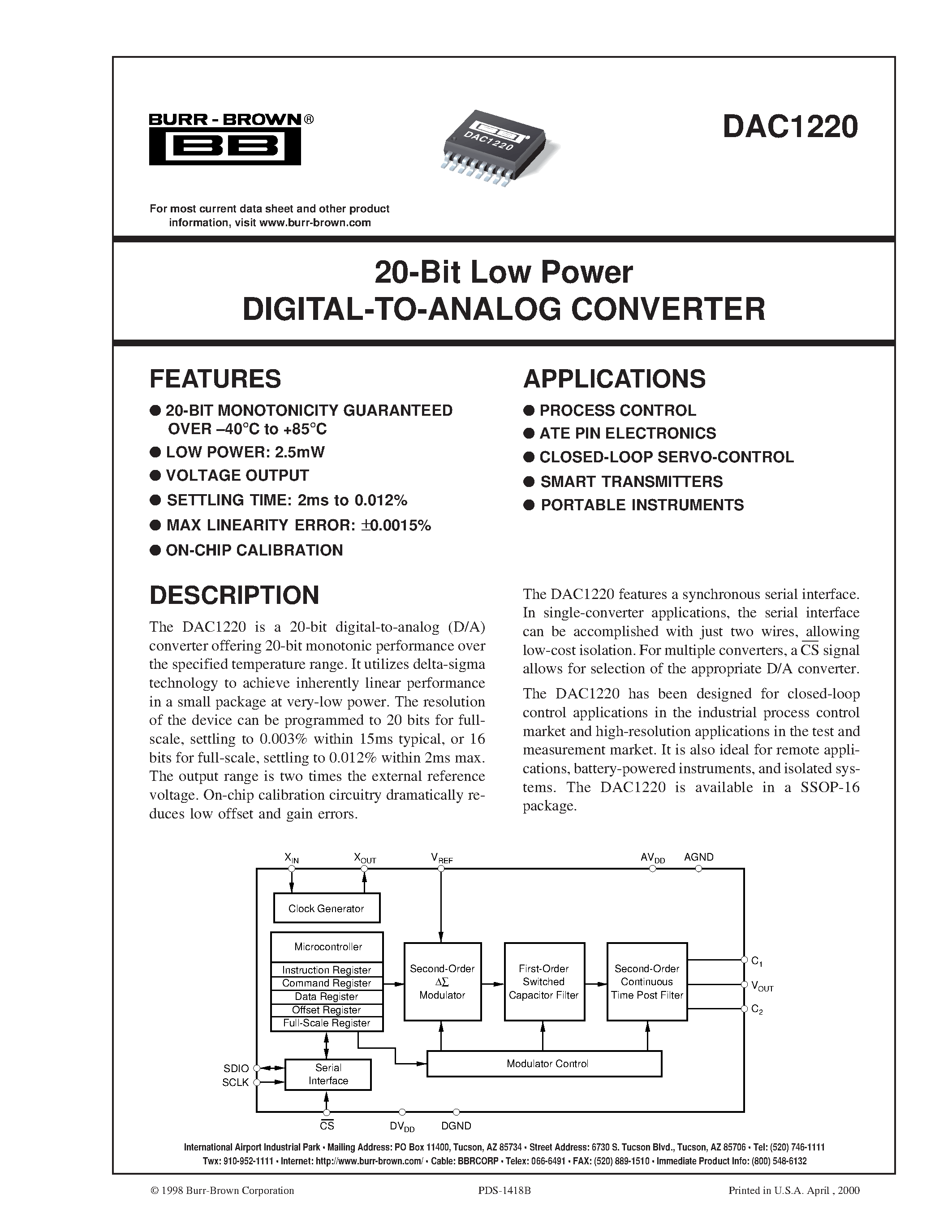 Datasheet DAC1220E - 20-Bit Low Power DIGITAL-TO-ANALOG CONVERTER page 1