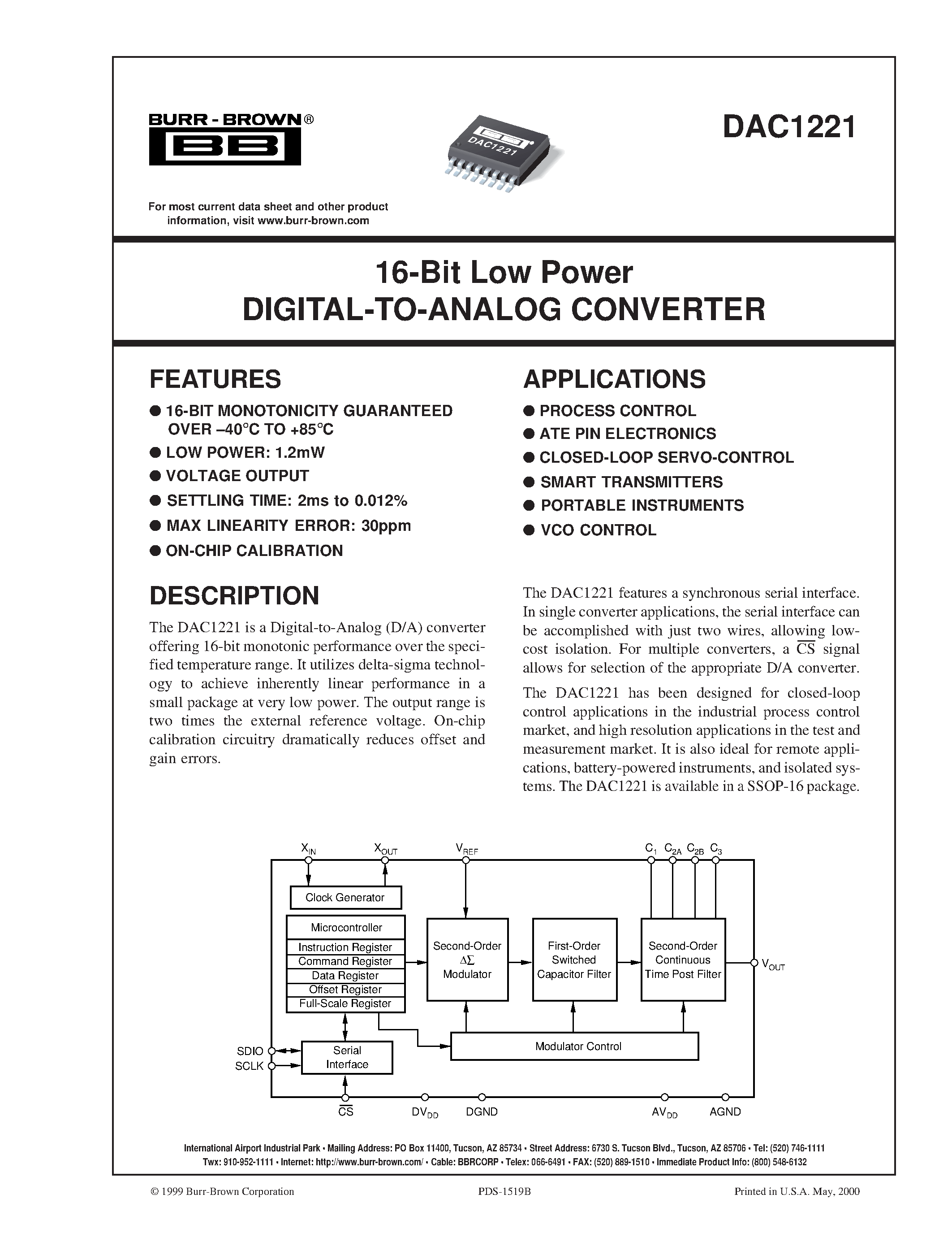 Datasheet DAC1221E page 1 Datasheet DAC1221E - 16-Bit Low Power DIGITAL-TO-ANALOG CONVERTER page 1