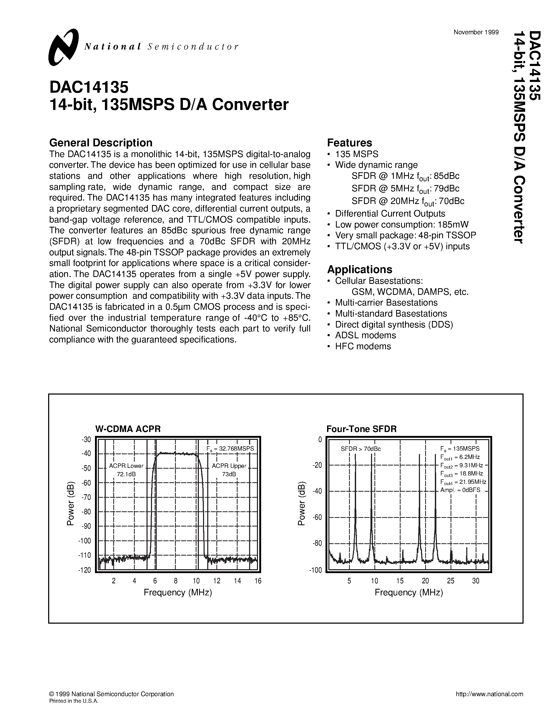Datasheet DAC14135PCASM - 14-bit/ 135MSPS D/A Converter page 1