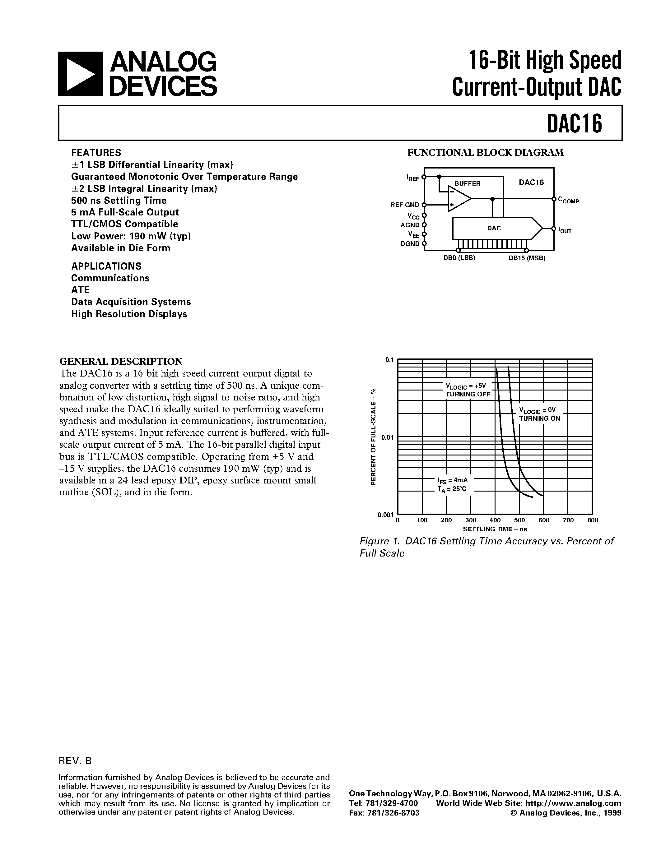 Datasheet DAC16 - 16-Bit High Speed Current-Output DAC page 1
