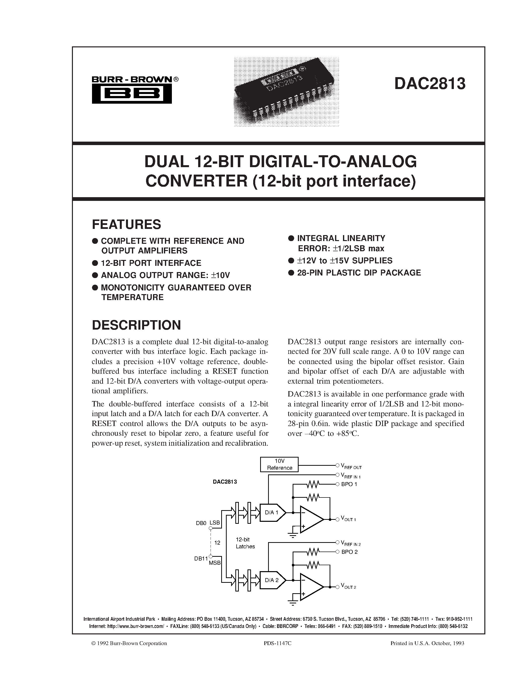 Datasheet DAC2813AP - DUAL 12-BIT DIGITAL-TO-ANALOG CONVERTER 12-bit port interface page 1