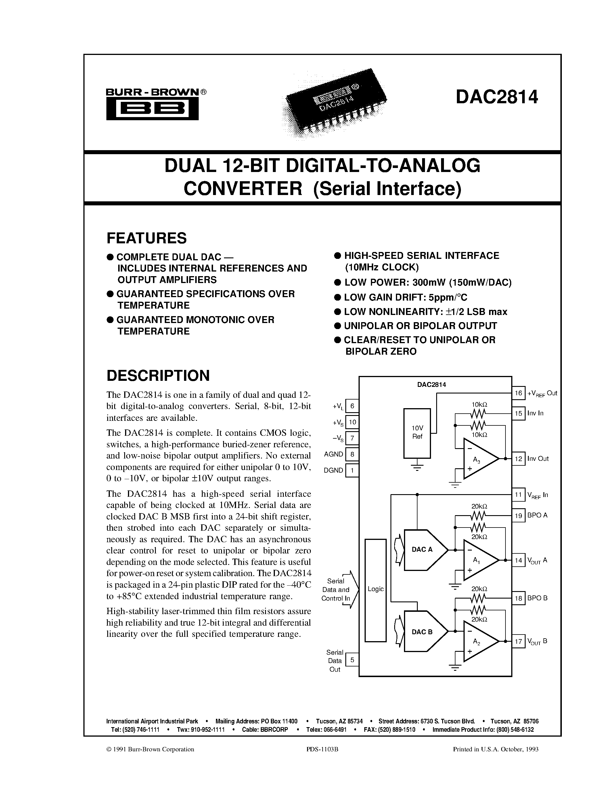 Datasheet DAC2814BP - DUAL 12-BIT DIGITAL-TO-ANALOG CONVERTER Serial Interface page 1